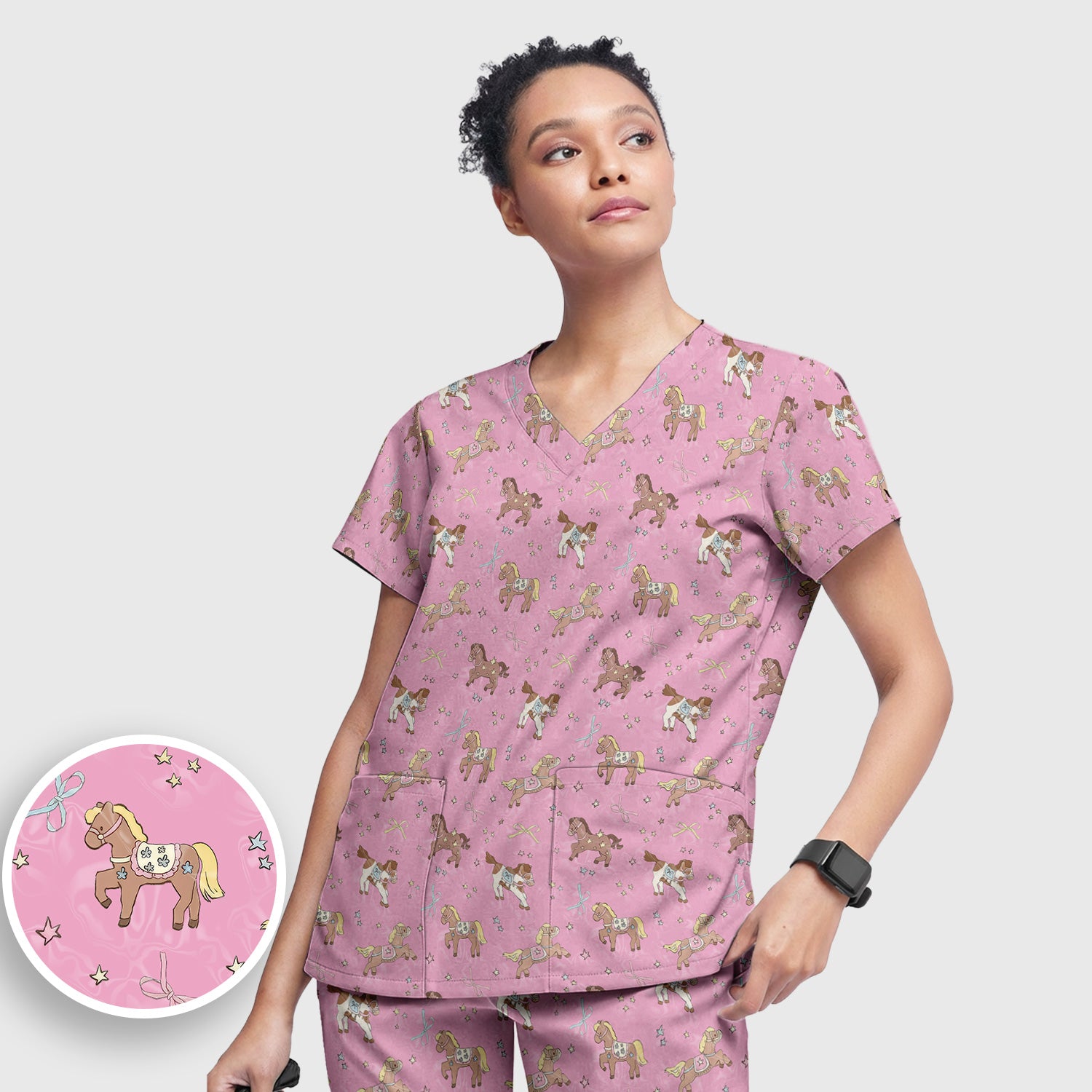 Cute Pony Star Pattern Scrub Set, Breathable Med Uniform