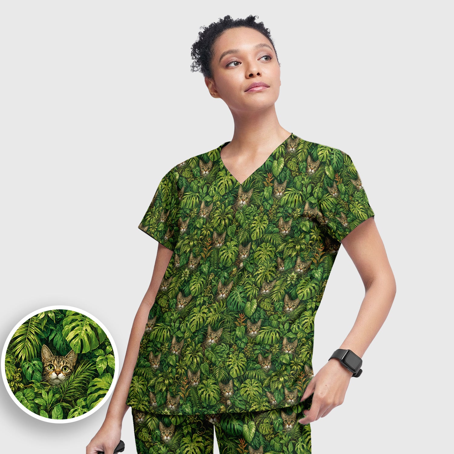 Hidden Jungle Cat Veterinary Nurse Pattern Scrub Set, Scrub Pants and V Neck Top