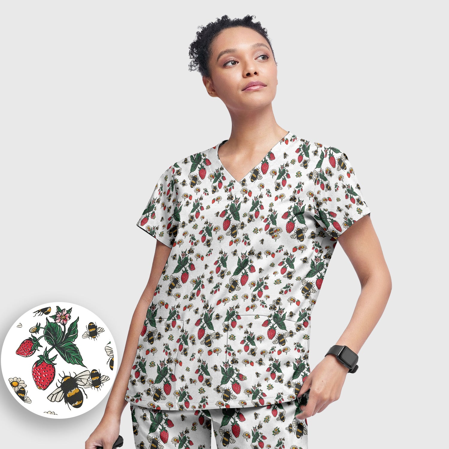 Cute Strawberry Bee Daisy Floral Pattern Scrub Set, Scrub Pants and V Neck Top