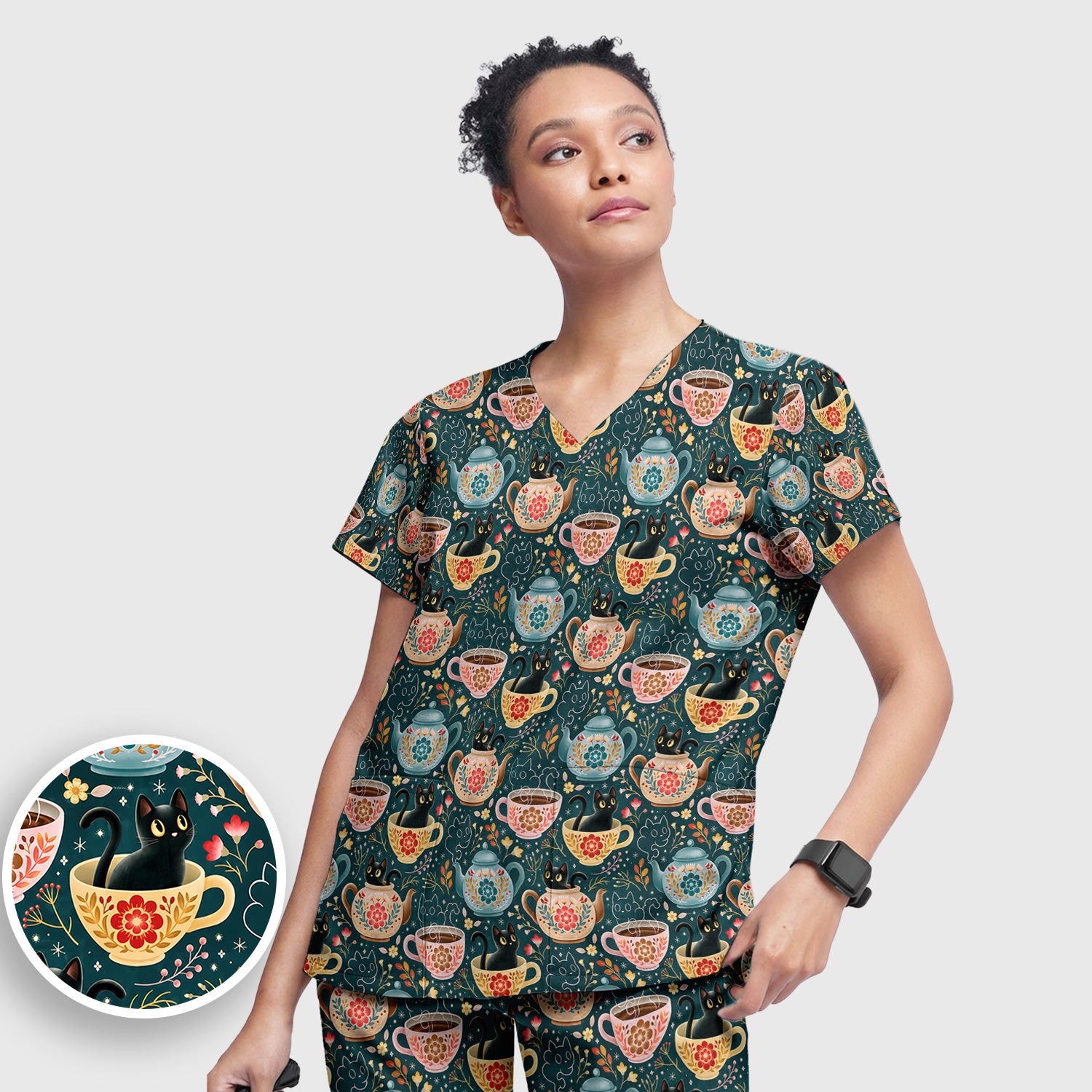 Black Cat Tea Party Veterinary Pattern Scrub Set, Scrub Pants and V Neck Top