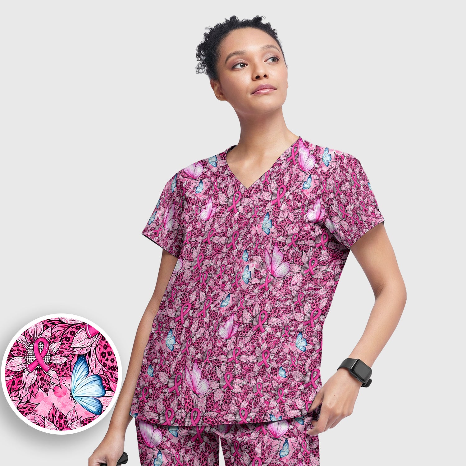 Pink Ribbon Butterfly Breast Cancer Scrub Set, Scrub Pants and V Neck Top
