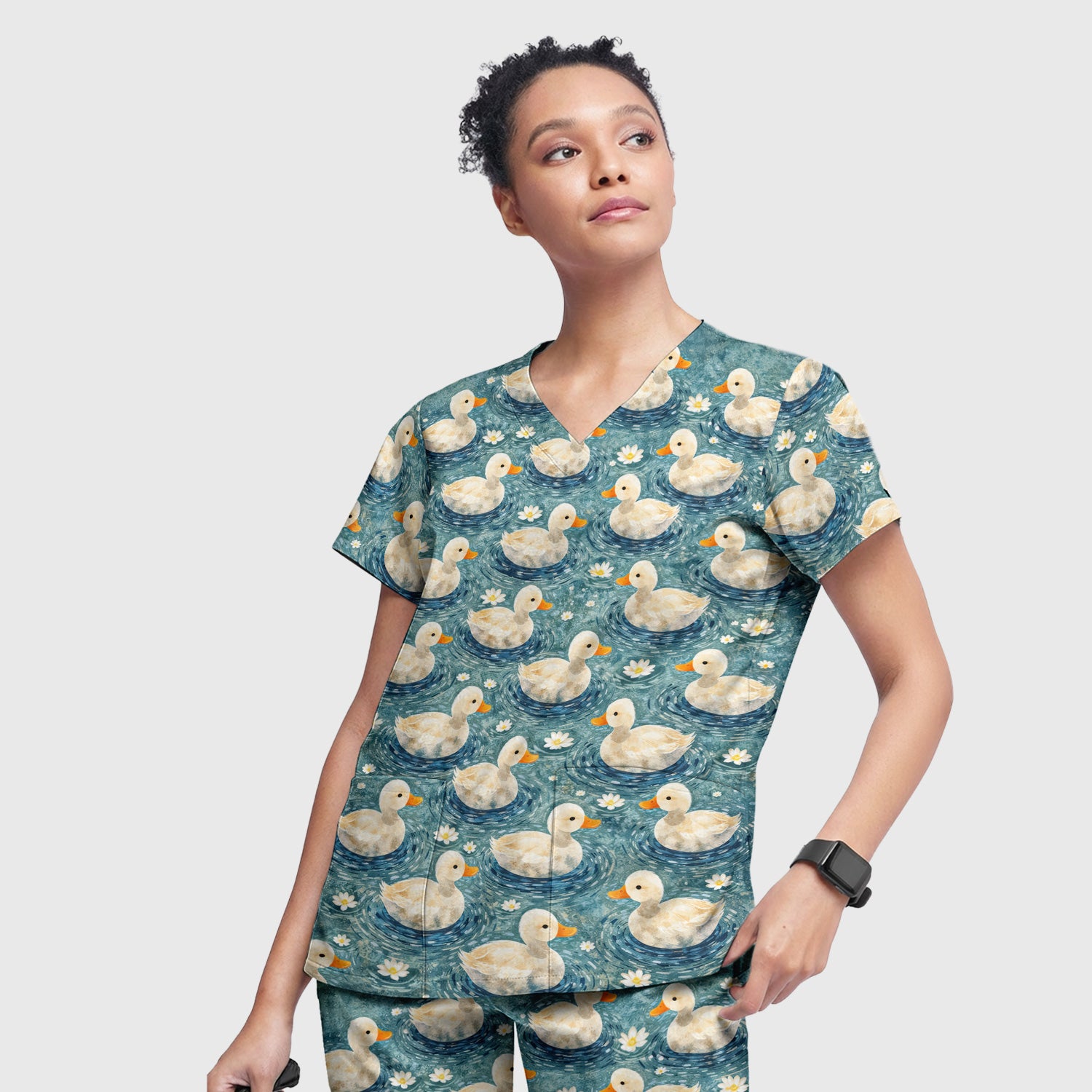 Charming Duck Pond Scrub Set, Peaceful Waterfowl Print Nursing Uniform, Scrub Pants and V Neck Top