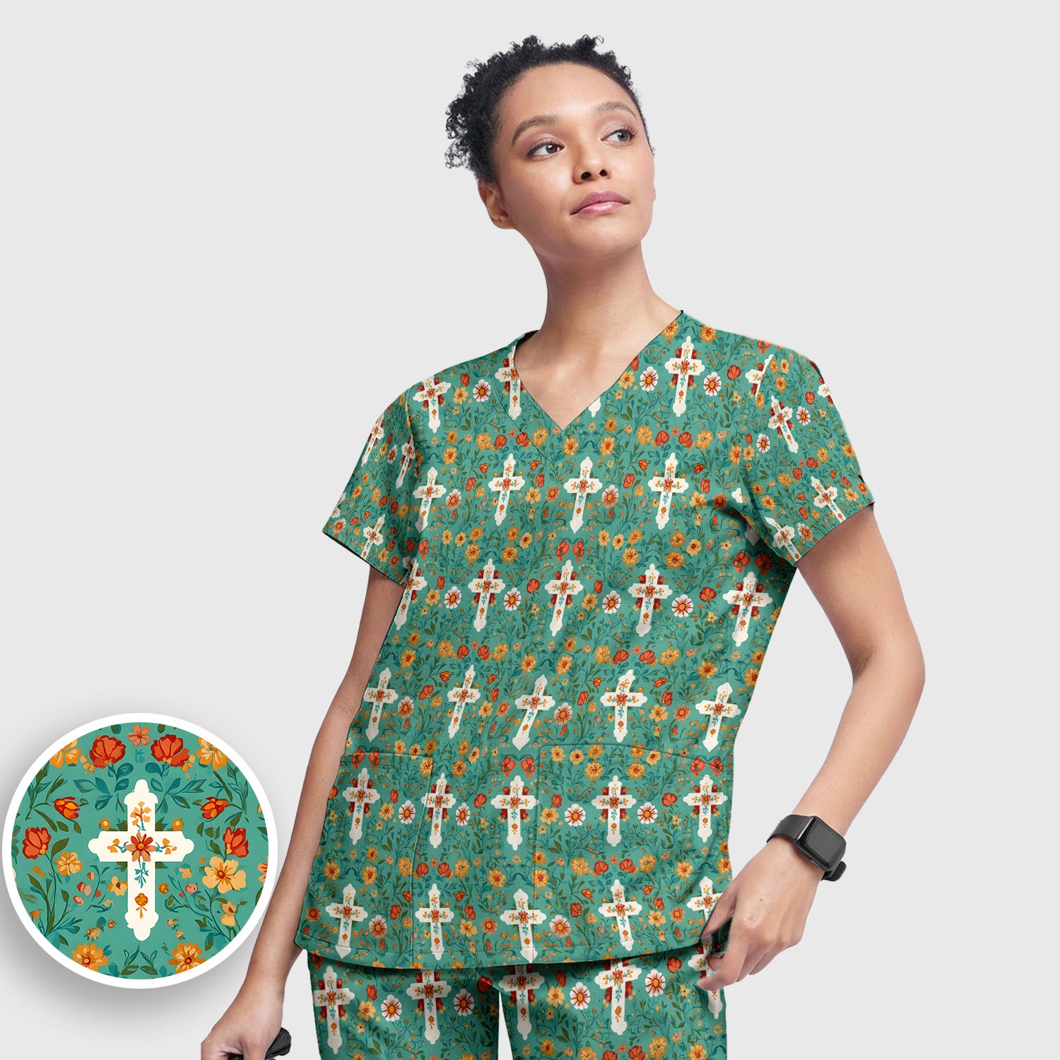 Christian Faith Floral Cross Pattern Scrub Set, Scrub Pants and V Neck Top