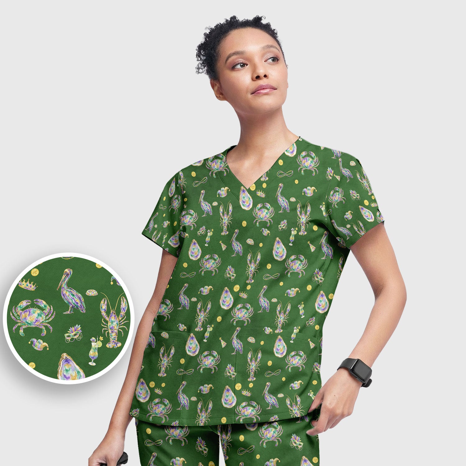 Mardi Gras Seafood Nurse Scrub Set, Comfortable Uniform Scrubs For Nursing