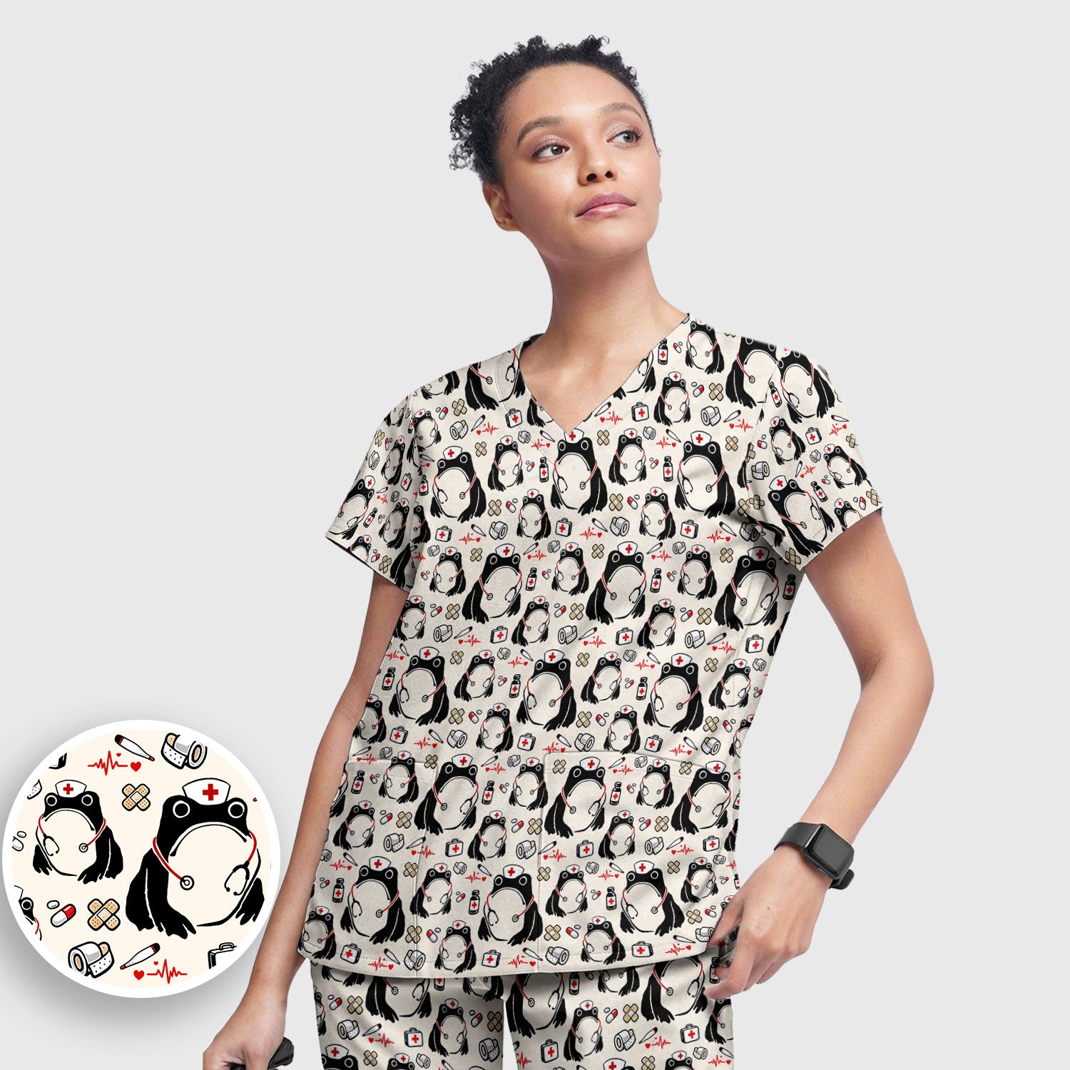 Cute Frog Nurse Medical Pattern Scrub Set, Breathable Med Uniform