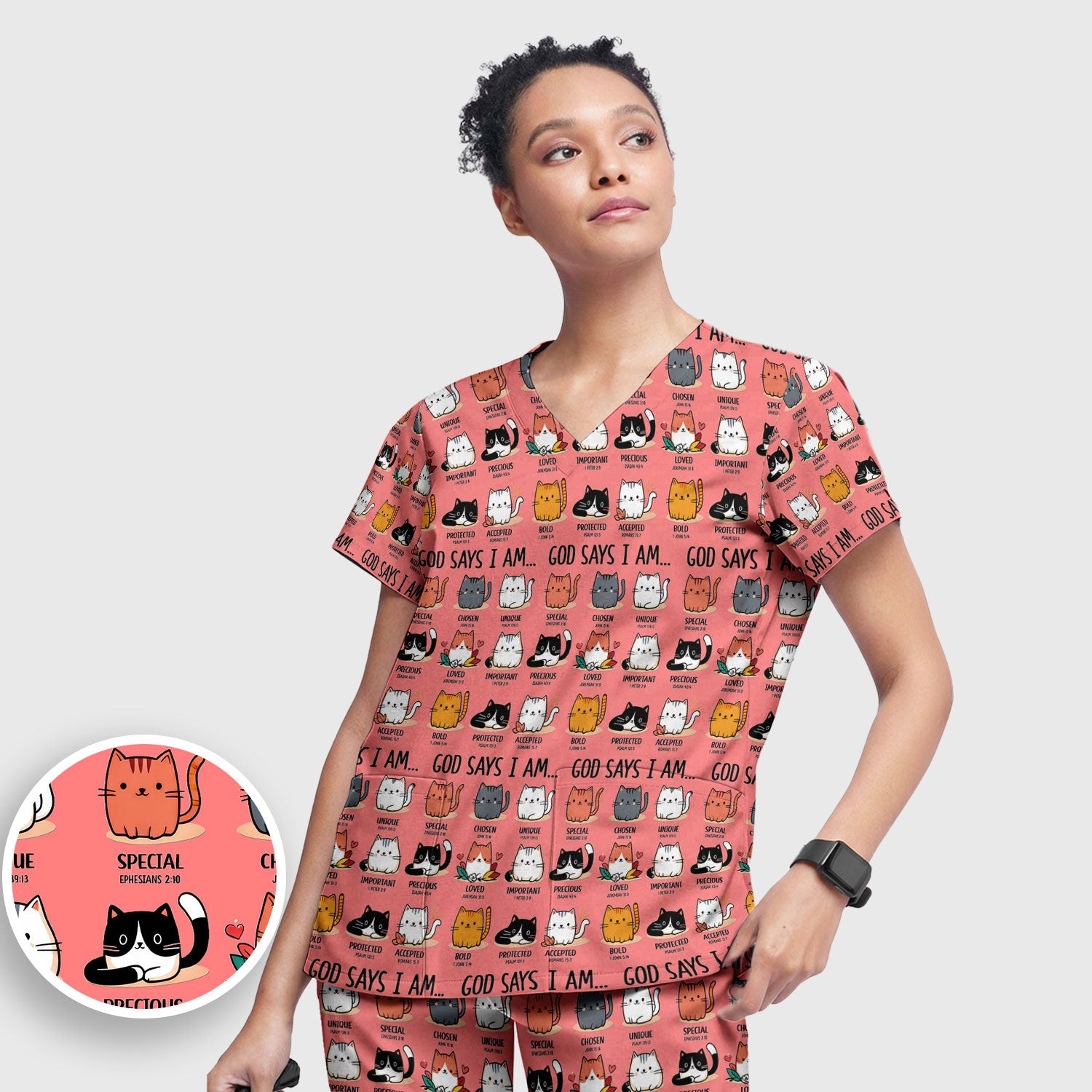Cute Christian Cat God Says I Am Women's Scrub Set, Breathable Med Uniform