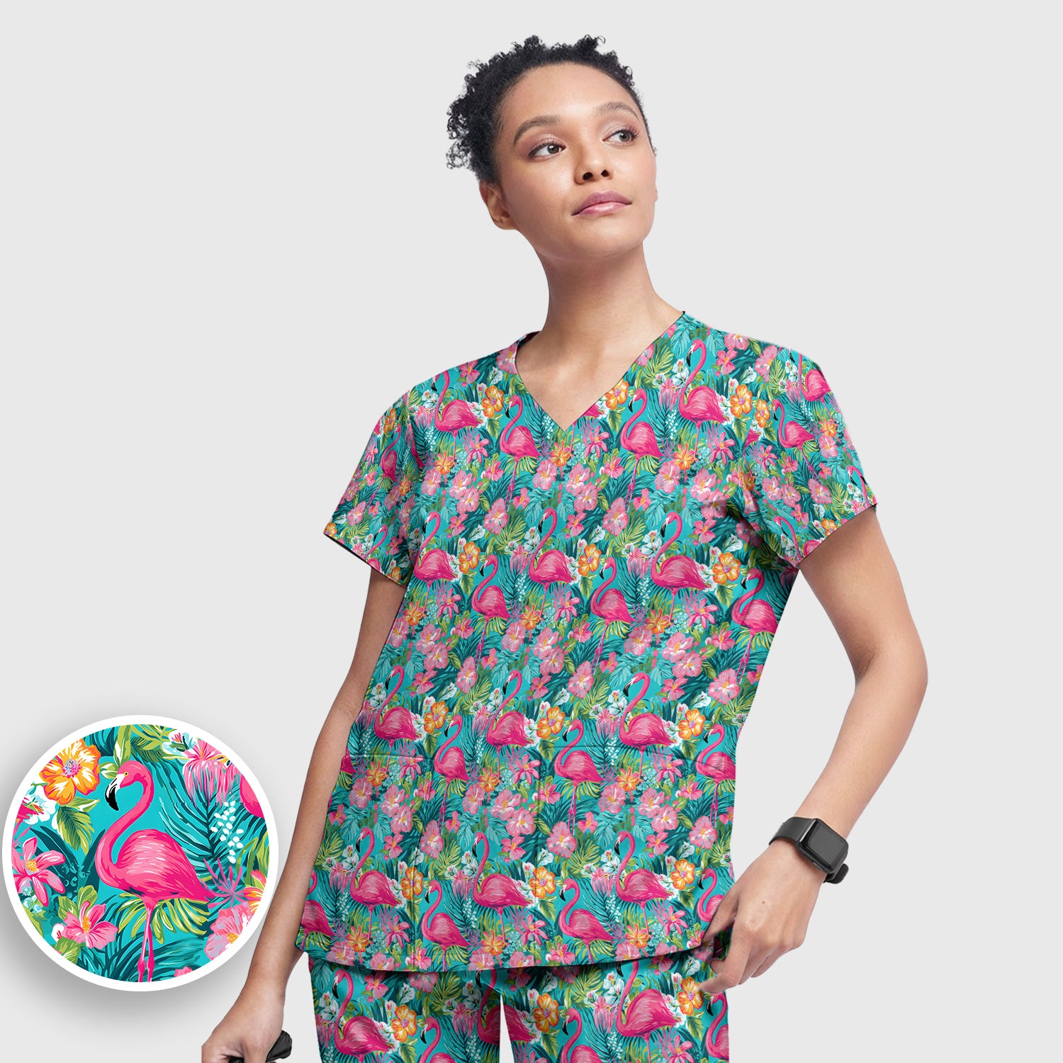 Tropical Flamingo Floral Pattern Scrub Set, Scrub Pants and V Neck Top