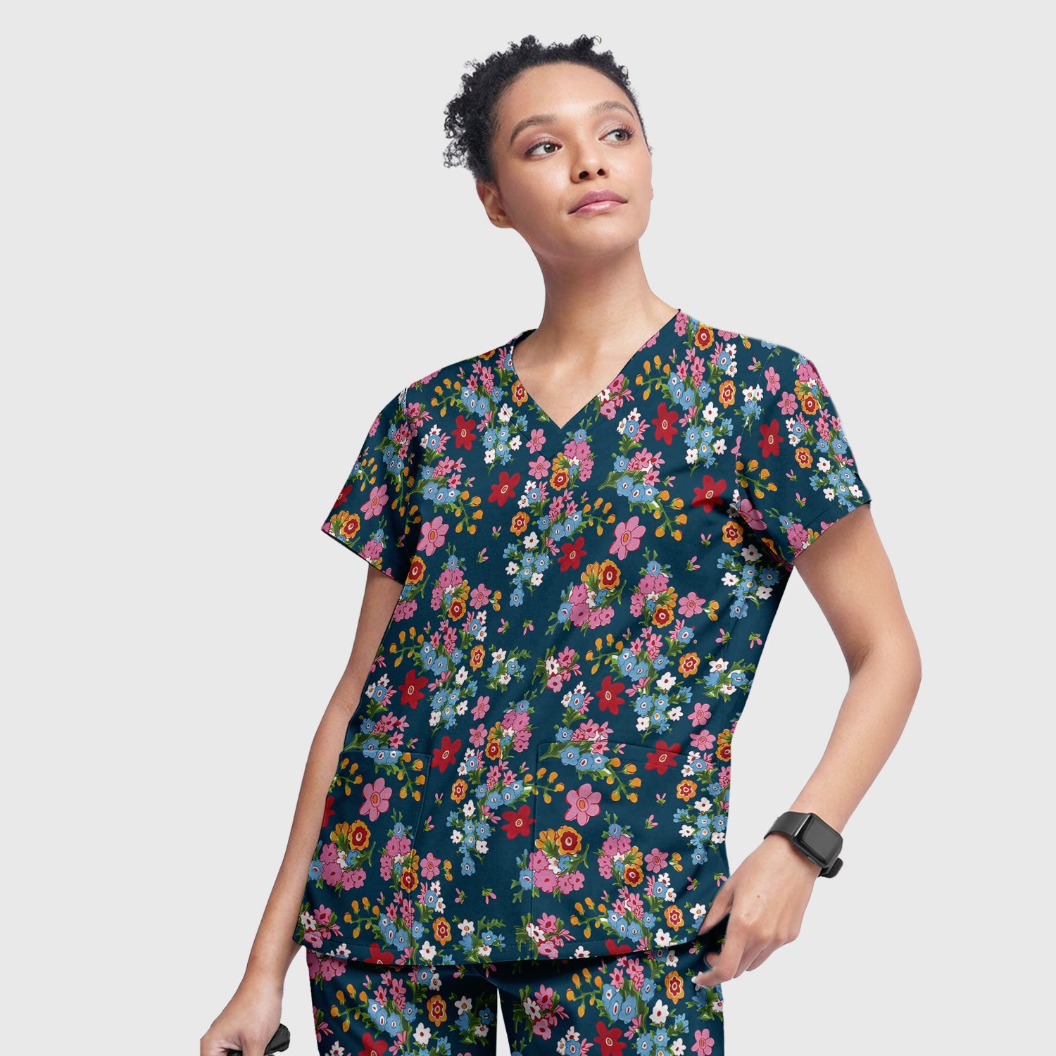 Charming Vintage Floral Bouquet Pattern Scrub Set, Nurse Uniform Scrubs Set