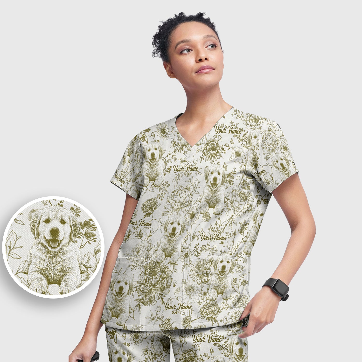 Personalized Custom Pet Photo Name Floral Pattern Scrub Set, Scrub Pants and V Neck Top