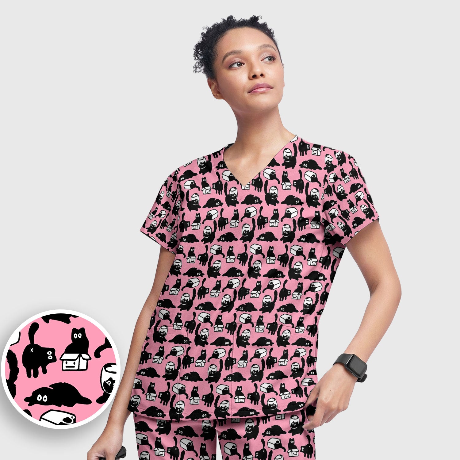 Dark Playful Cat Cartoon Pattern Scrub Set, Breathable Med Uniform