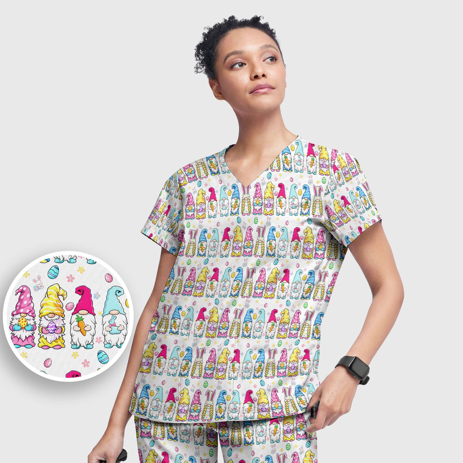 Colorful Easter Gnome Bunny Eggs Pattern Scrub Set, Women's Scrub Sets