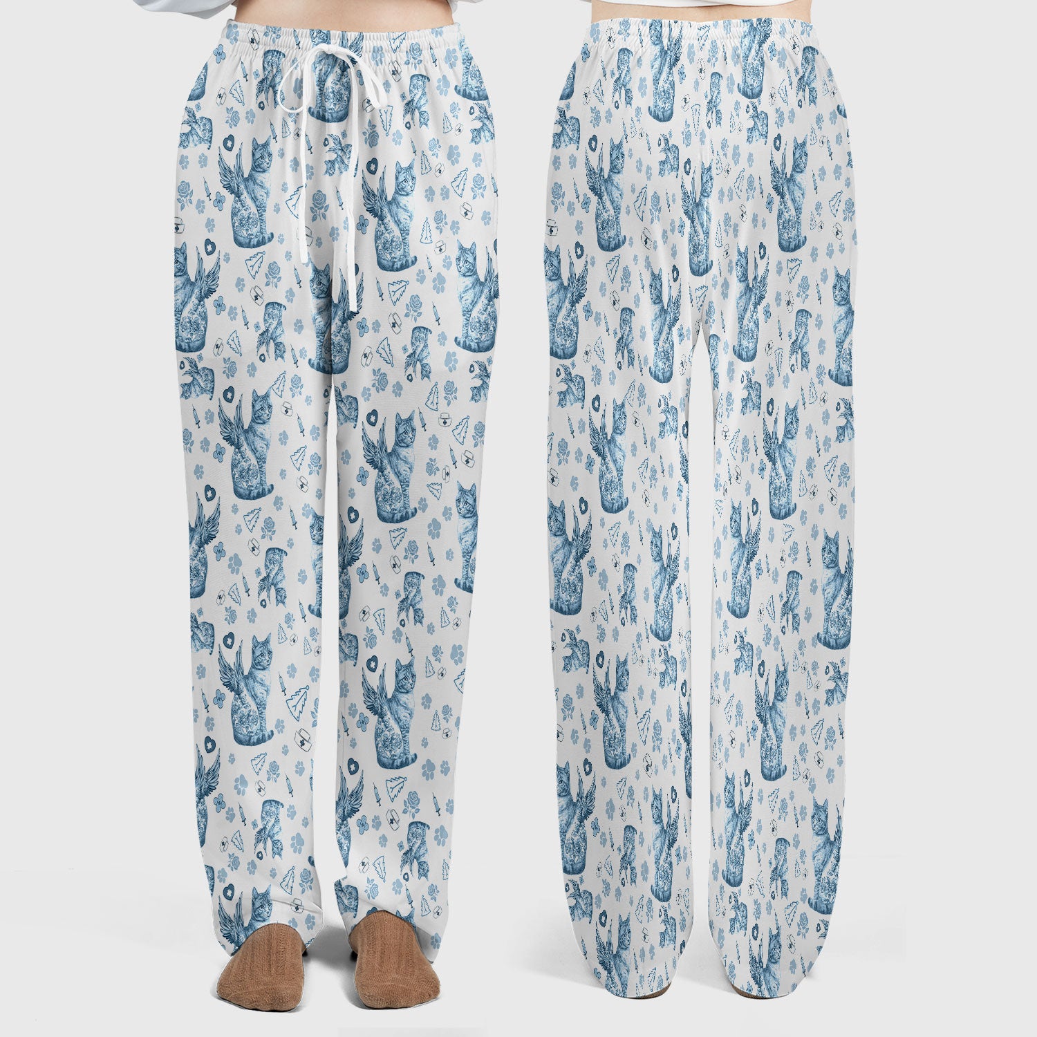 Toile de Jouy Cat Angel Scrub Set - Blue Vintage Nurse Pants and V Neck Top - French Style Medical Uniform for Women