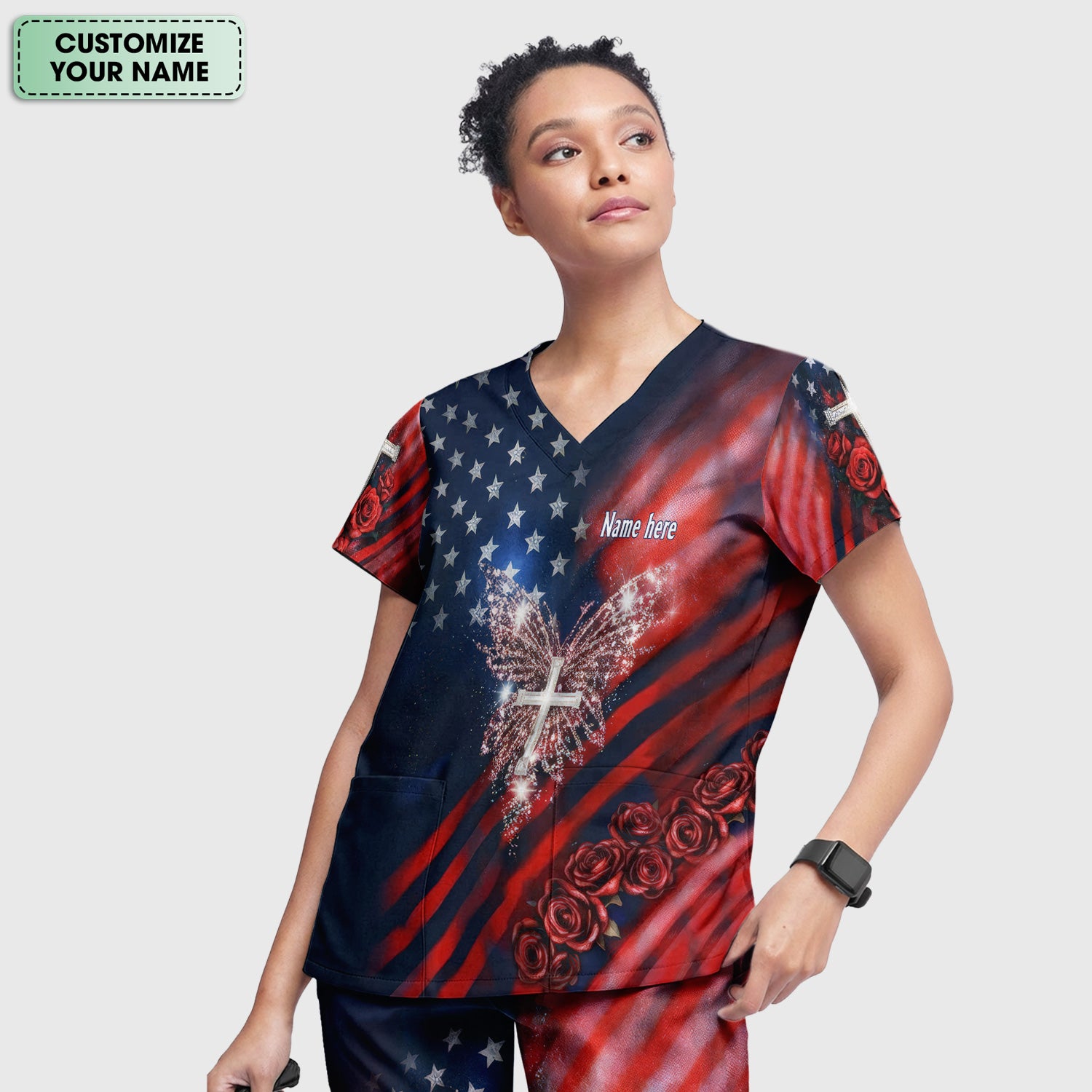 Custom Name Patriotic Cross Butterfly Rose Print Scrub Set, Scrub Pants and V Neck Top