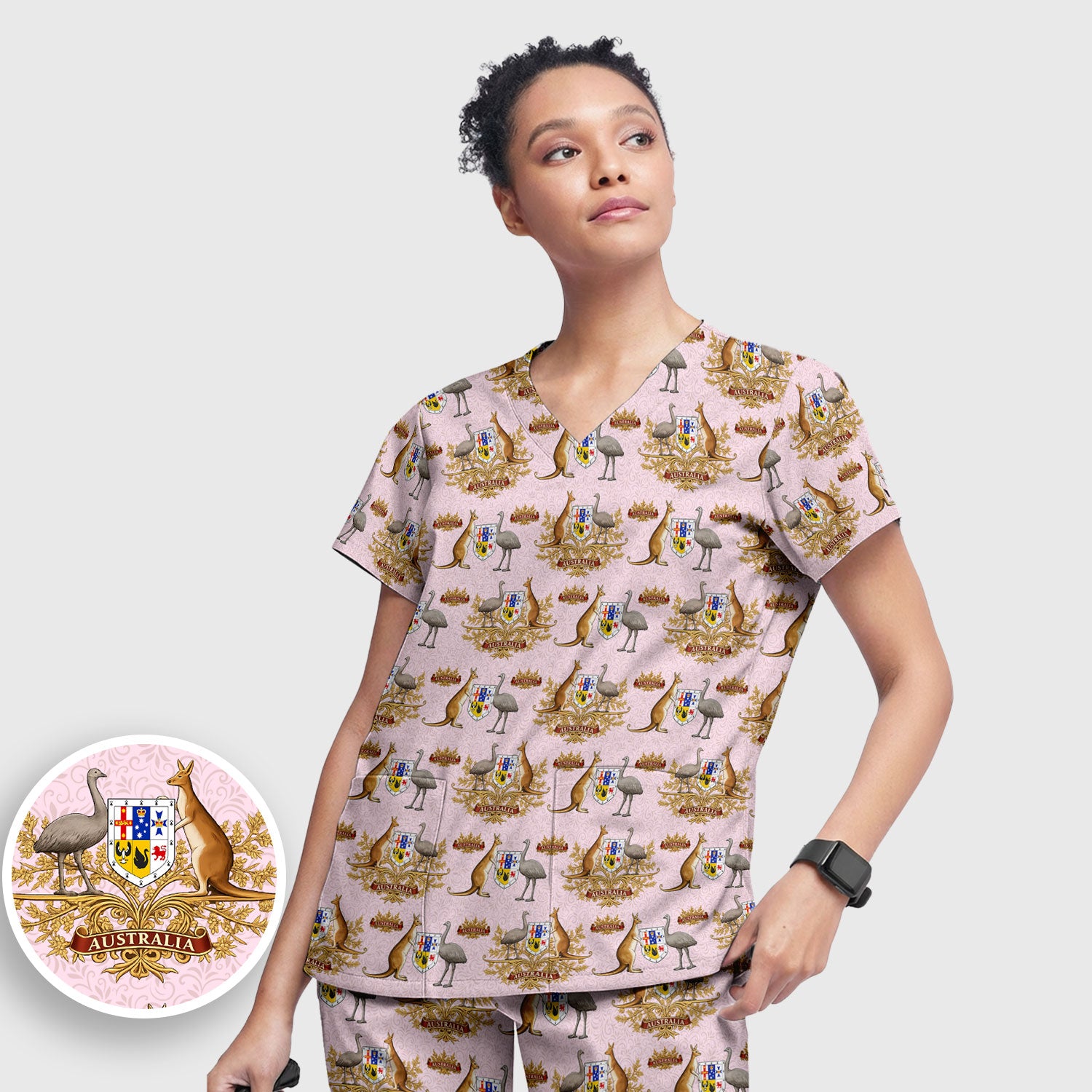 Australian National Crest Kangaroo Emu Scrub Set, Women's Scrub Sets