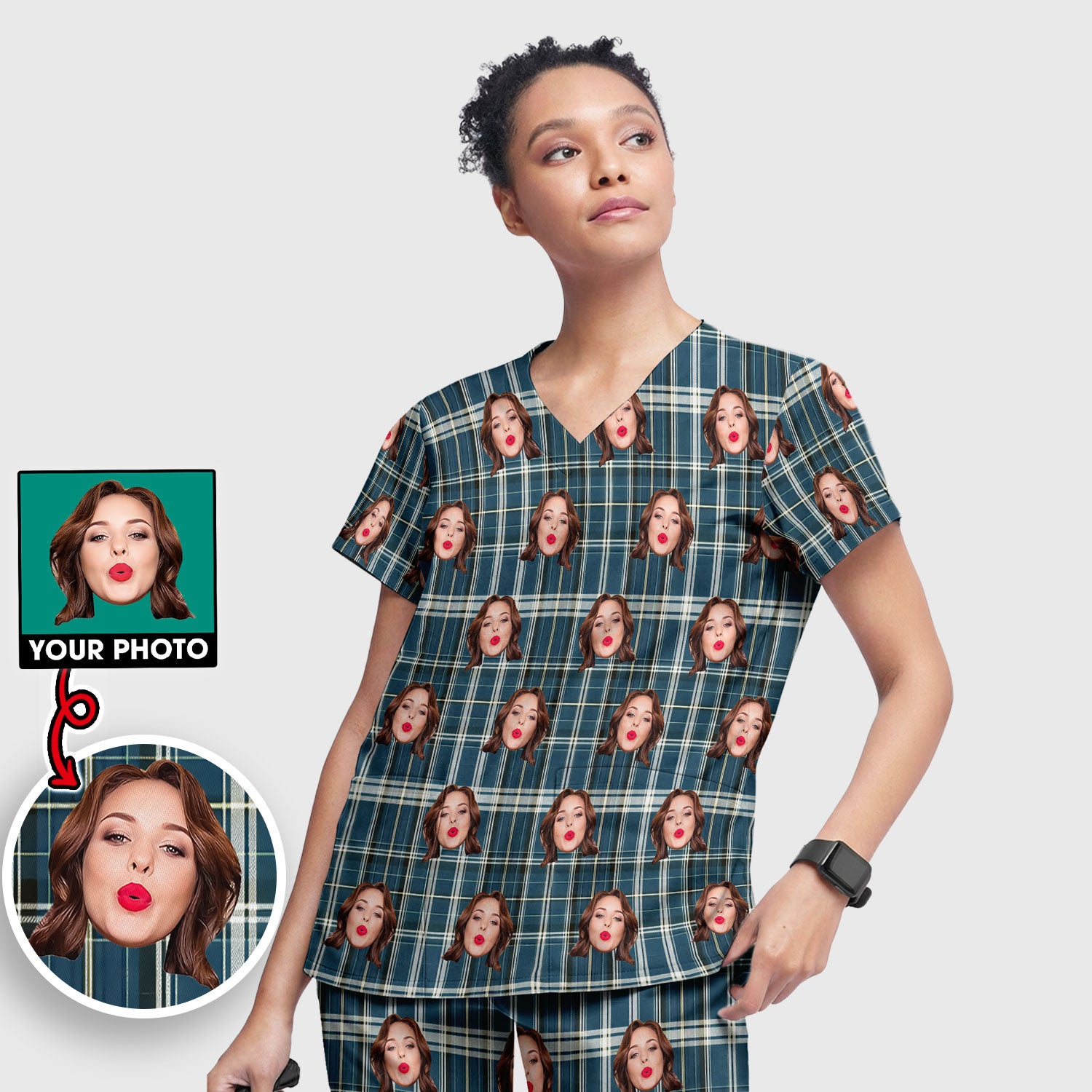 Personalized Funny Face Plaid Scrub Set, Custom Photo Pattern Medical Uniform For Nurses, Breathable Fabrics Nursing Uniform