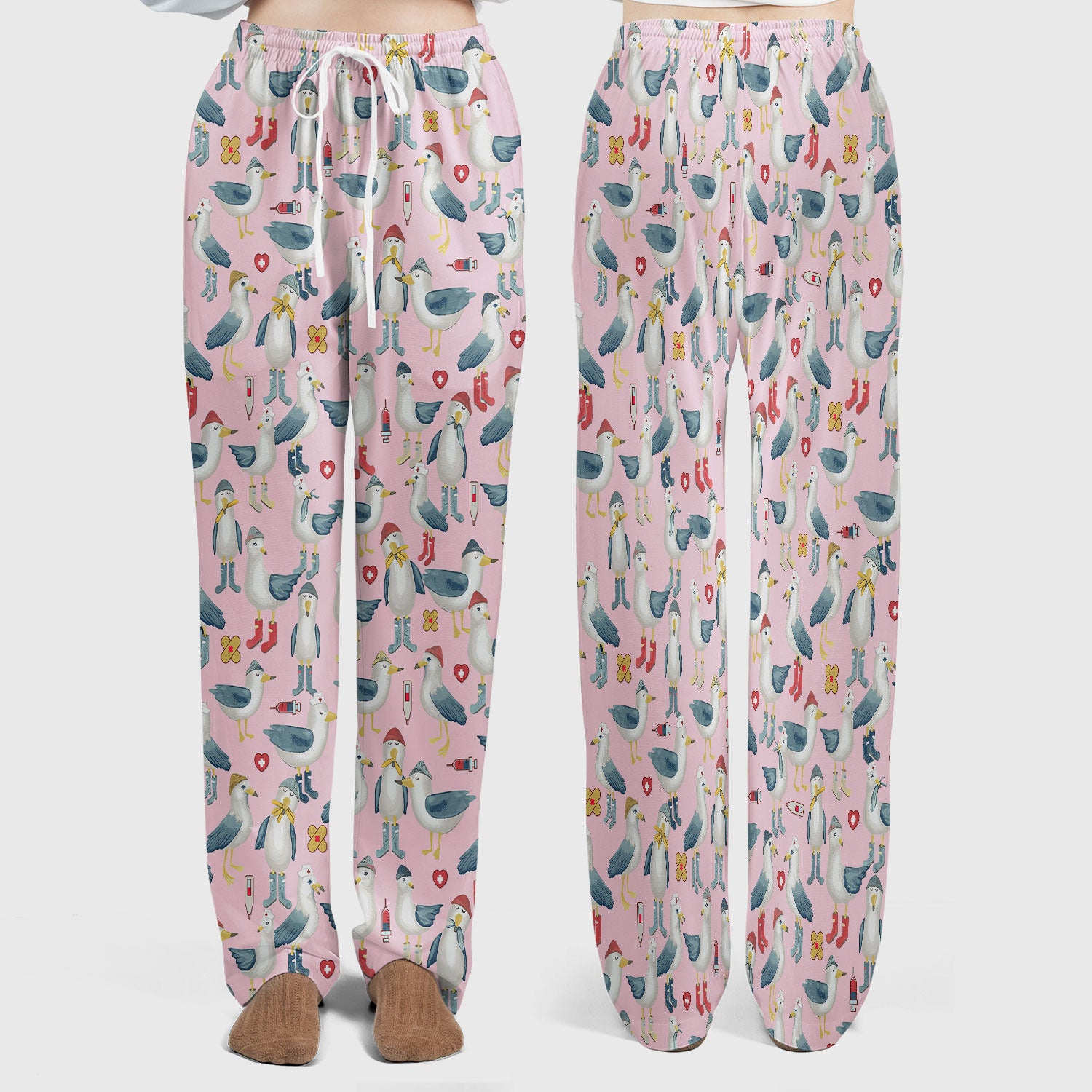 Funny Seagull Nurse Scrub Set - Cute Bird with Medical Icons Scrubs Pants and V Neck Top - Comfortable Scrubs for Women