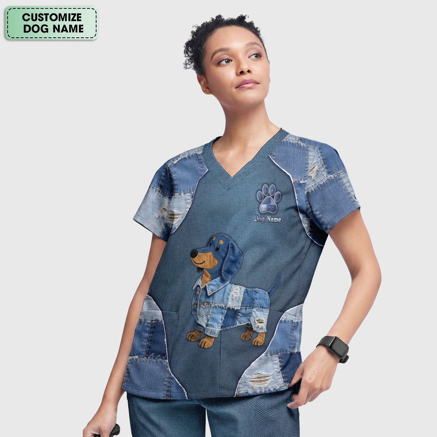 Custom Dog Name Denim Dachshund Print Scrub Set, Scrub Pants and V Neck Top