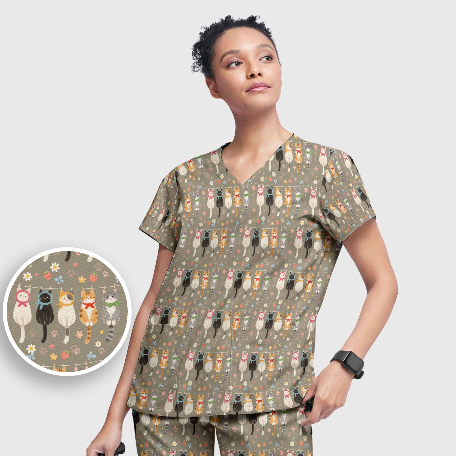 Cute Cat Clothesline Pattern Scrub Top, Scrub Pants and V Neck Top