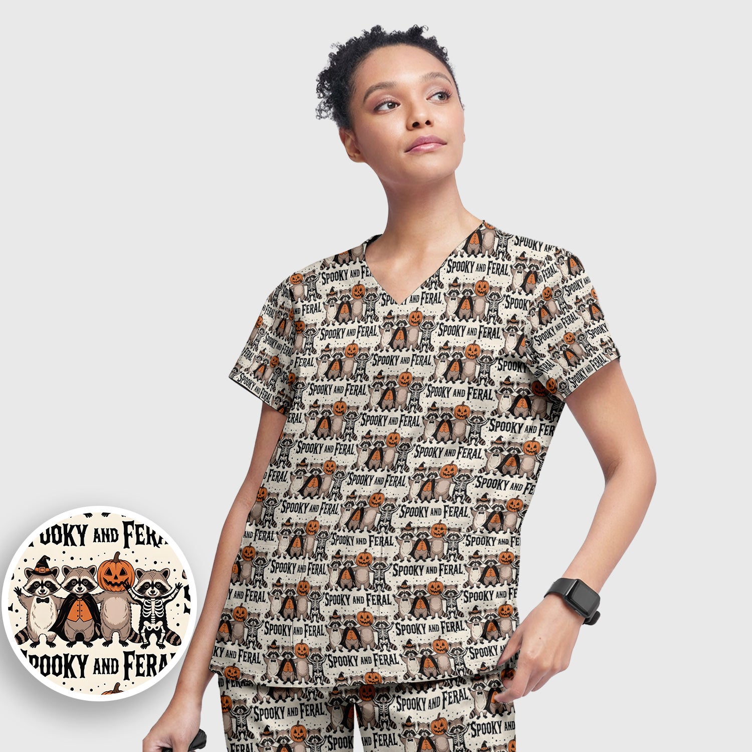 Spooky and Feral Raccoon Print Scrub Set, Scrub Pants and V Neck Top