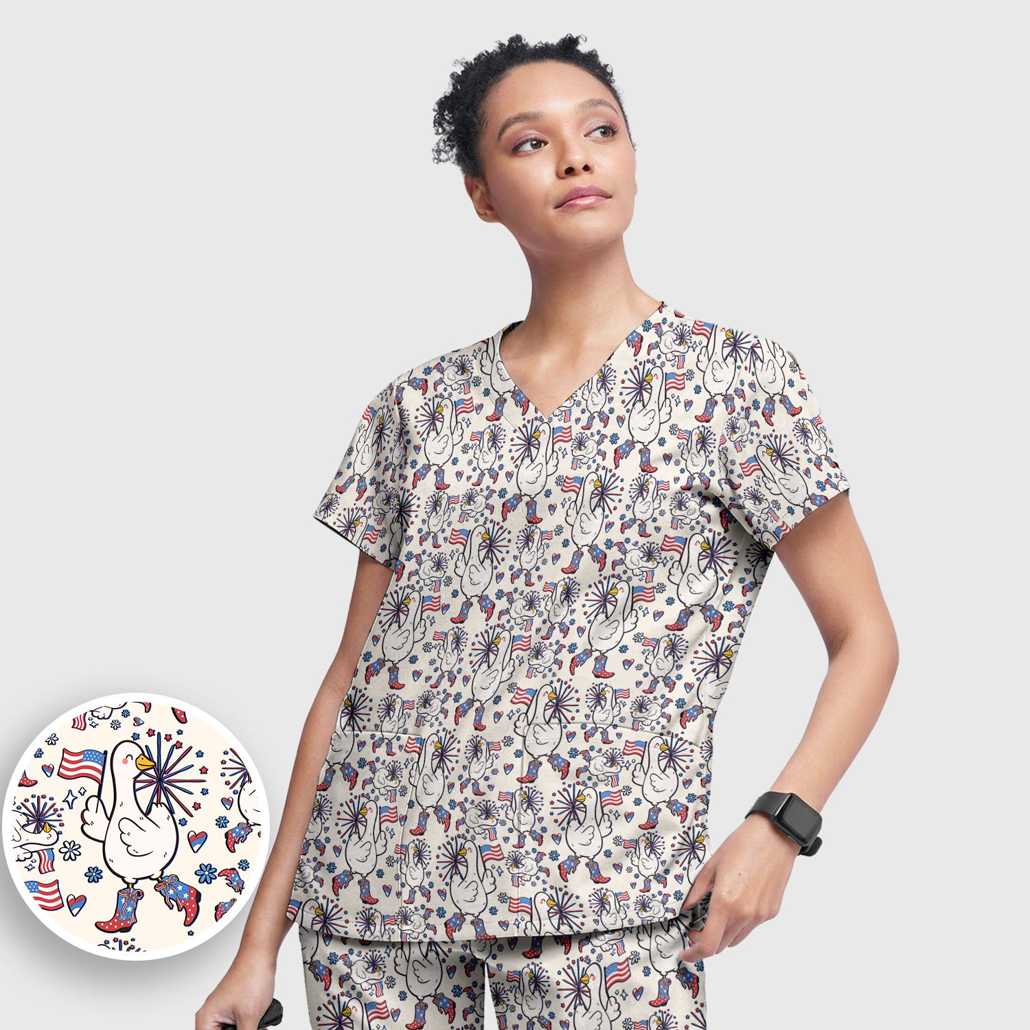 Patriotic Goose With USA Flag Fireworks Scrub Set, Breathable Fabrics Nursing Uniform
