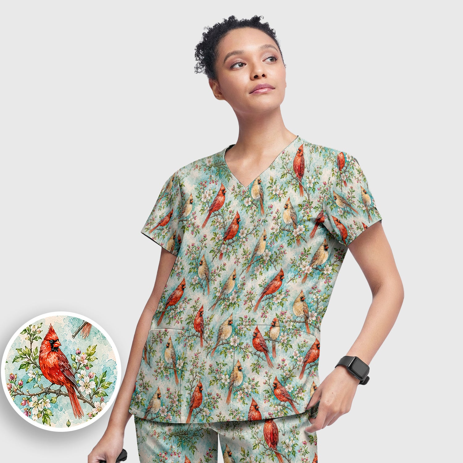 Cardinal Blossom Branch Pattern Scrub Set, Scrub Pants and V Neck Top