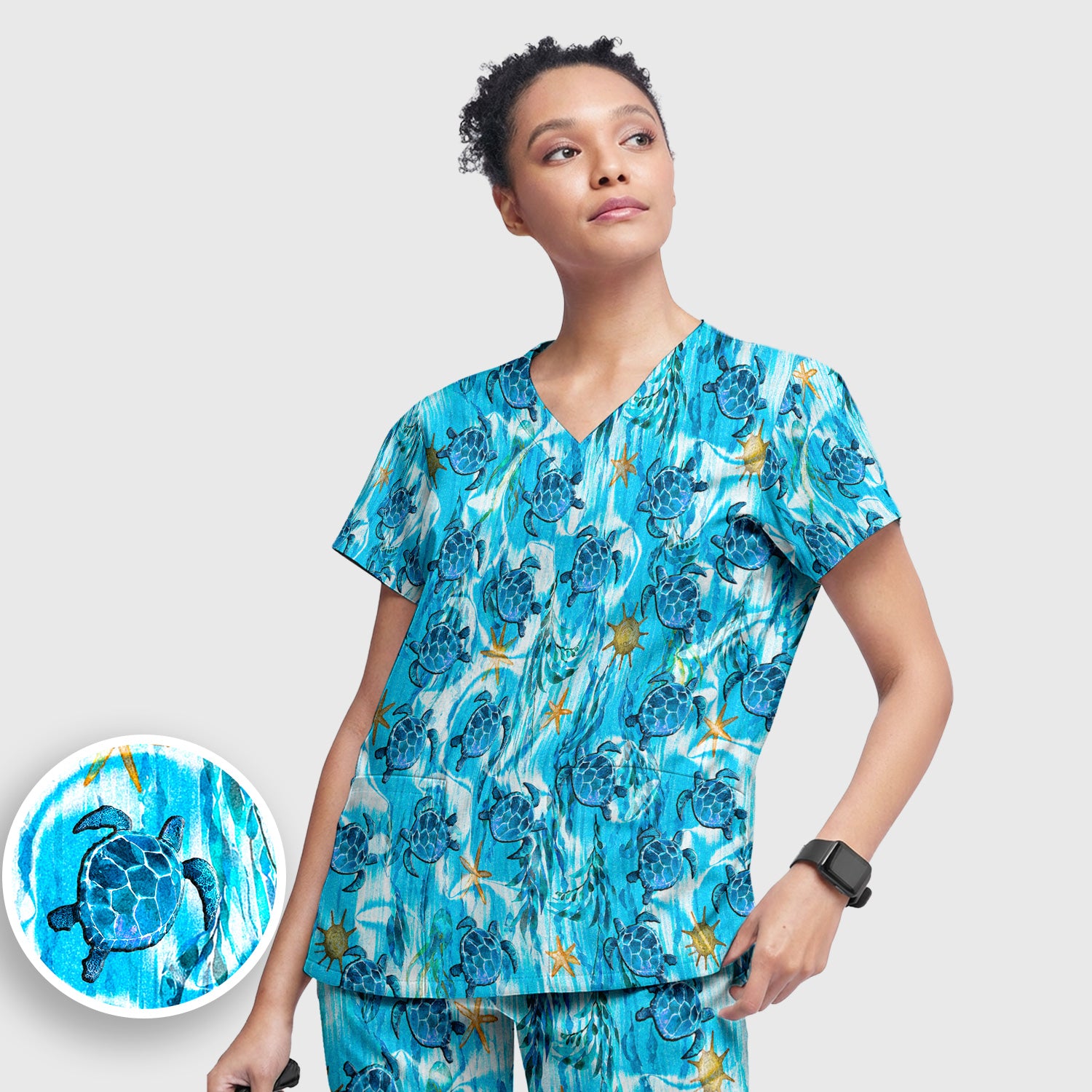 Coastal Marine Life Print Scrub Set, Scrub Pants and V Neck Top