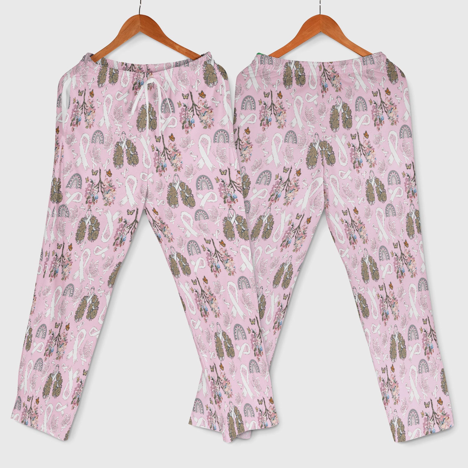 Lung Cancer Awareness Scrub Sets for Nurse - White Ribbon Butterfly Floral Scrub Pants and V Neck Top - Breathable Med Uniform for Women
