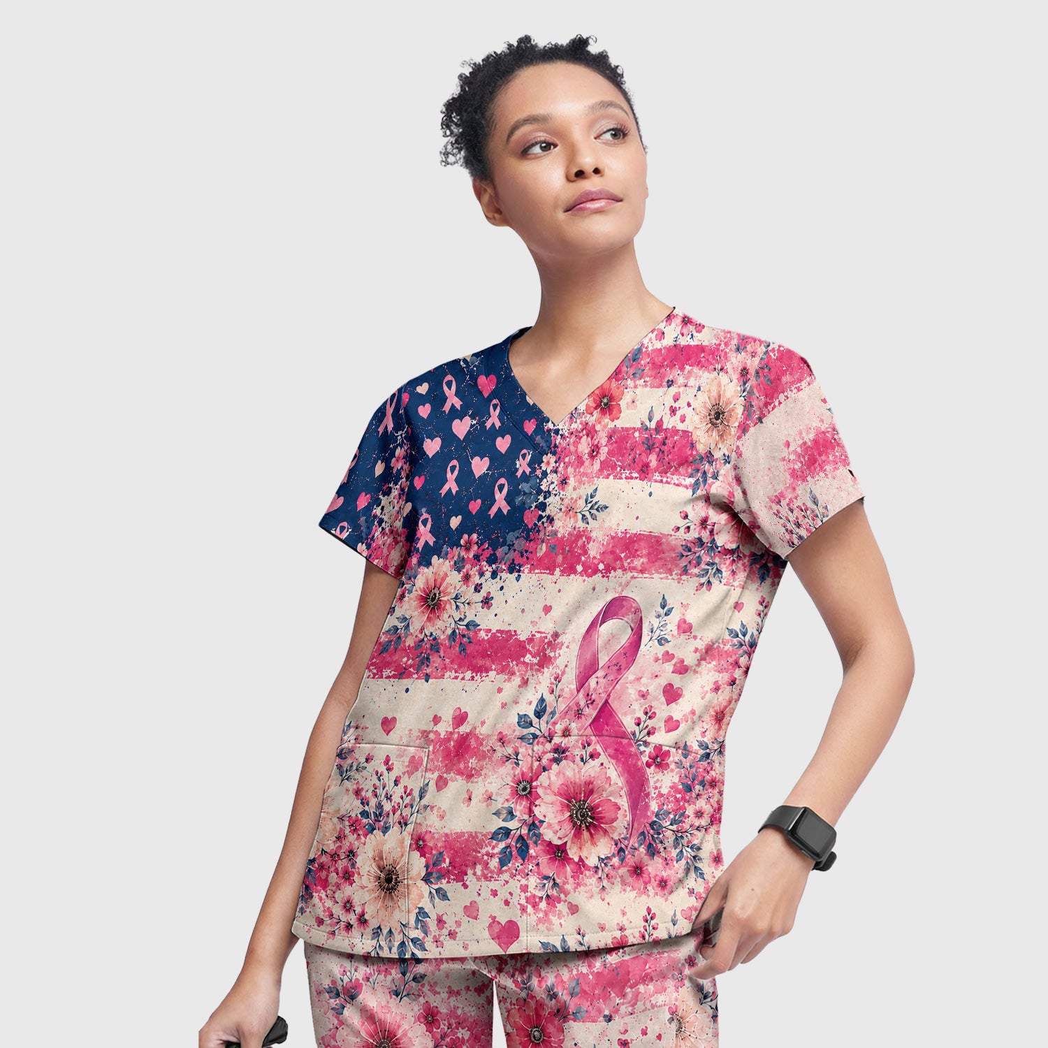Breast Cancer Floral Flag Scrub Set, Scrub Pants and V Neck Top