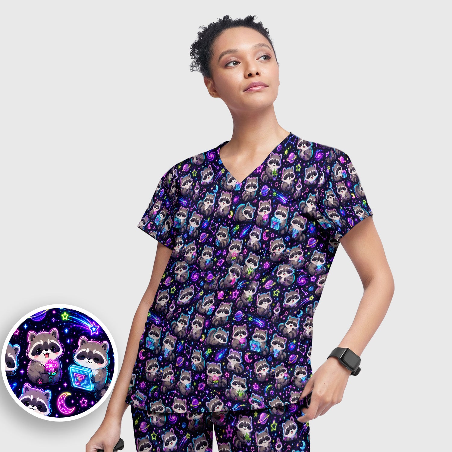 Neon Galaxy Raccoon Space Pattern Scrub Set, Scrub Pants and V Neck Top