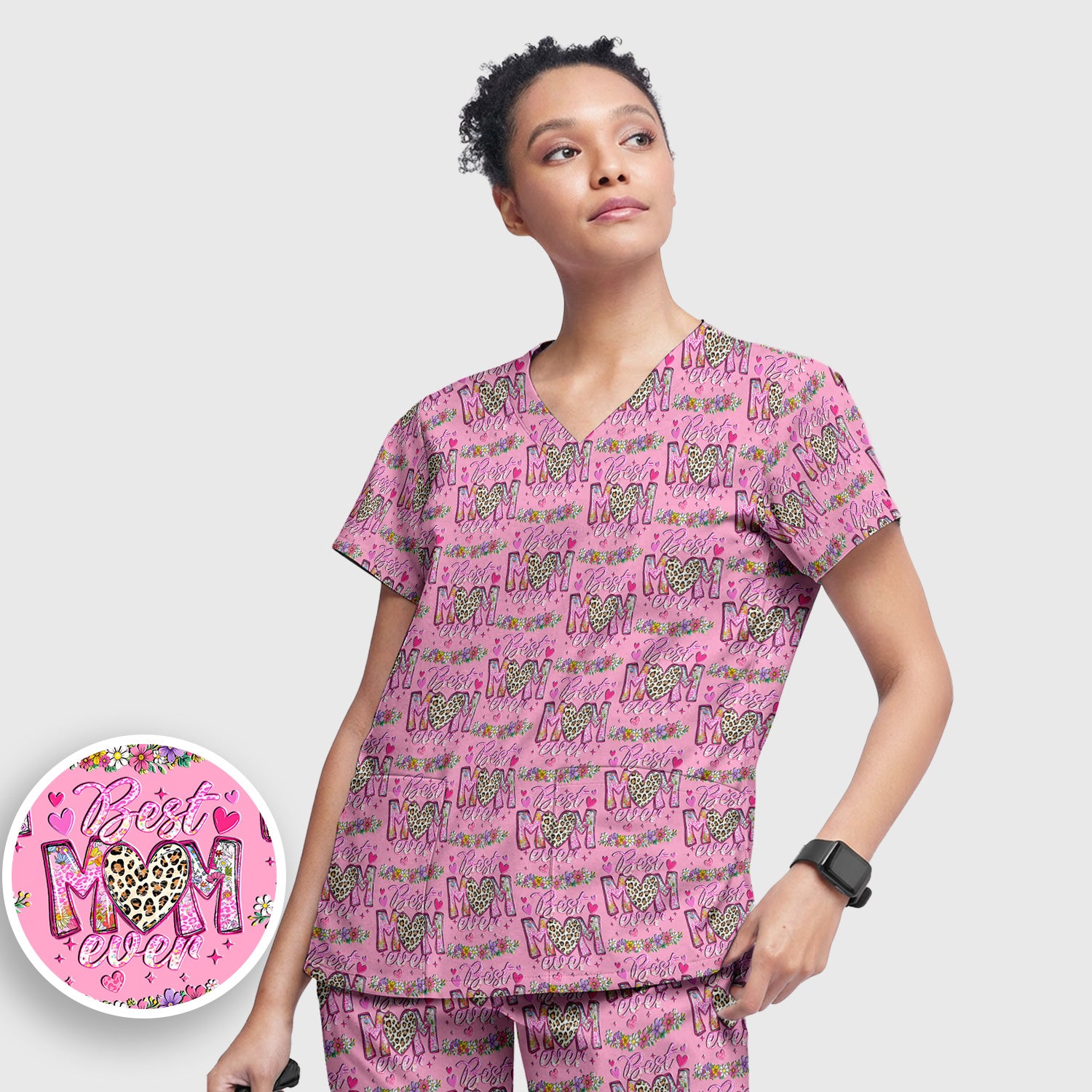 Best Mom Ever Leopard Heart Floral Pattern Scrub Set, Nurse Uniform Scrubs Set