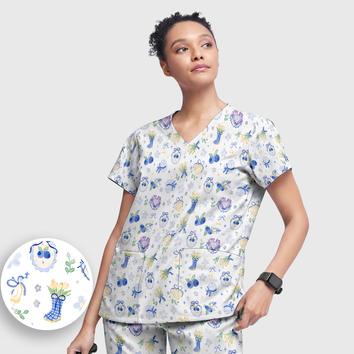 Cute Blueberry Bow Print Scrub Set, Scrub Pants and V Neck Top