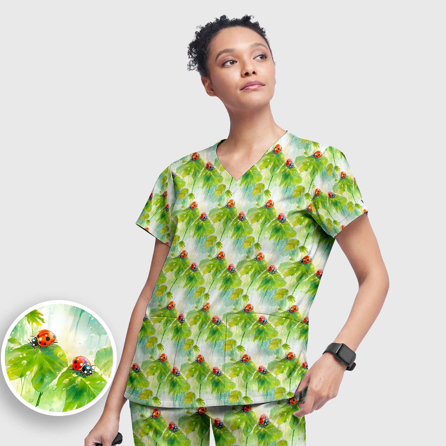 Ladybugs On Rainy Leaves Pattern Scrub Set, Scrub Pants and V Neck Top