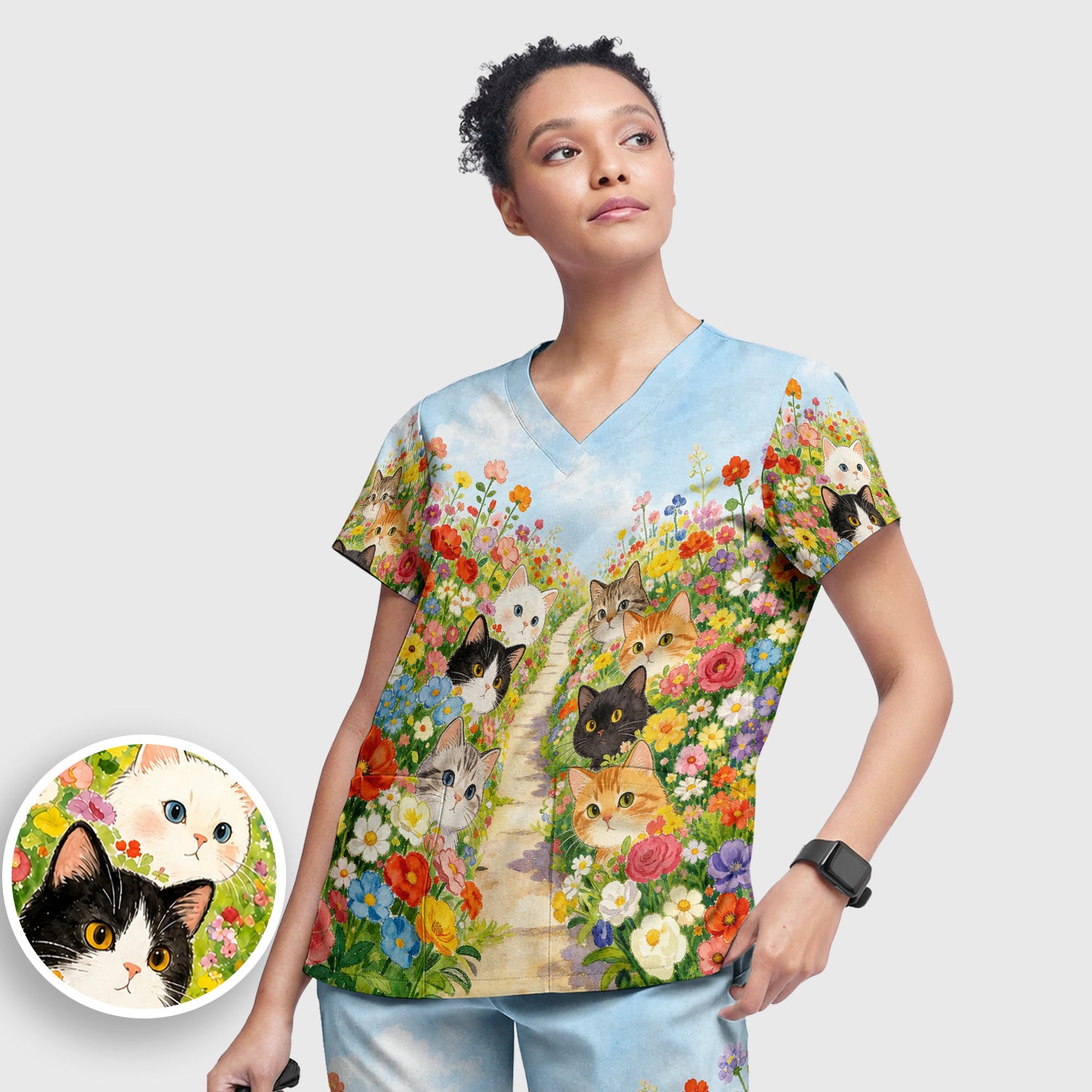 Cute Garden Cats Flower Path Pattern Scrub Set, Scrub Pants and V Neck Top