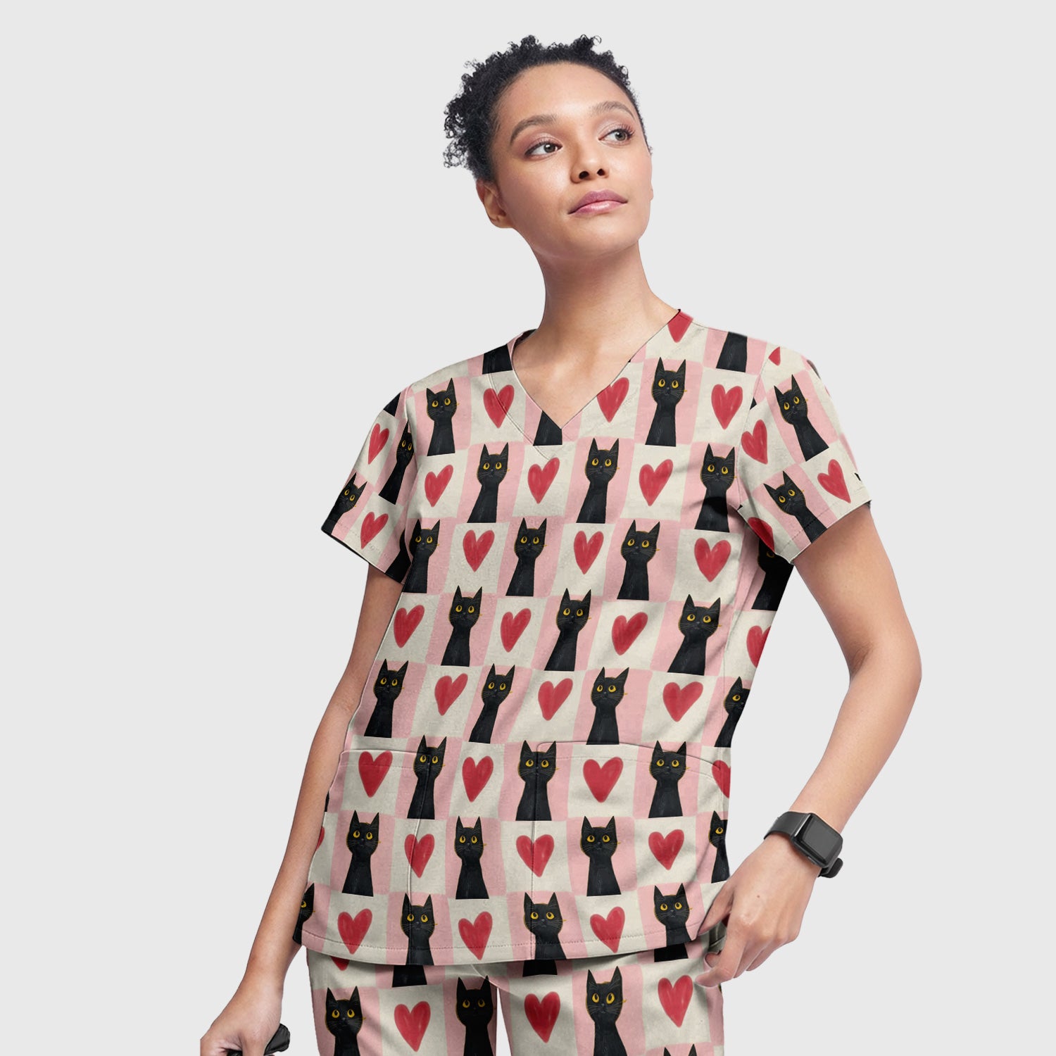 Cute Black Cat Heart Print Medical Scrub Set V Neck, Nursing Uniform