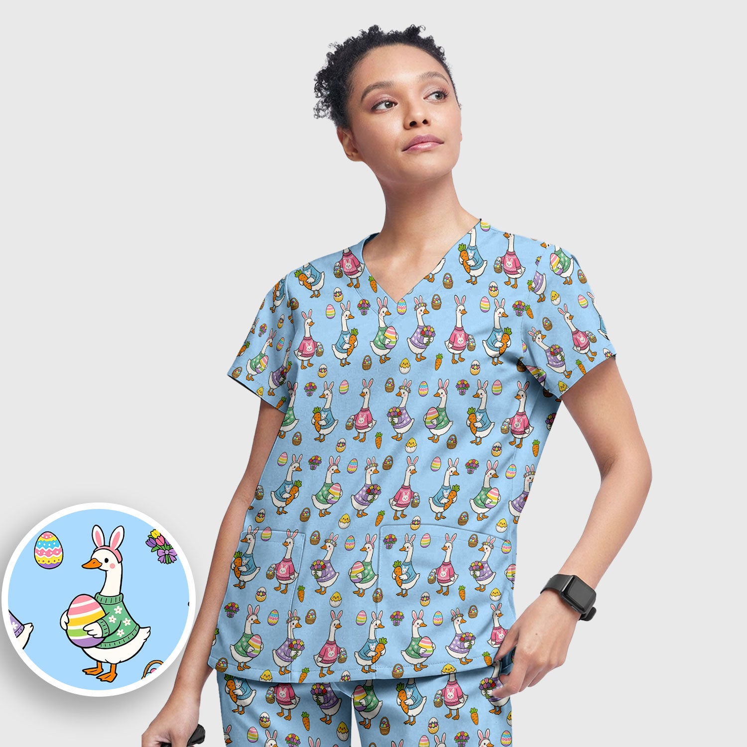 Cute Easter Goose Print Scrub Set, Breathable Med Uniform