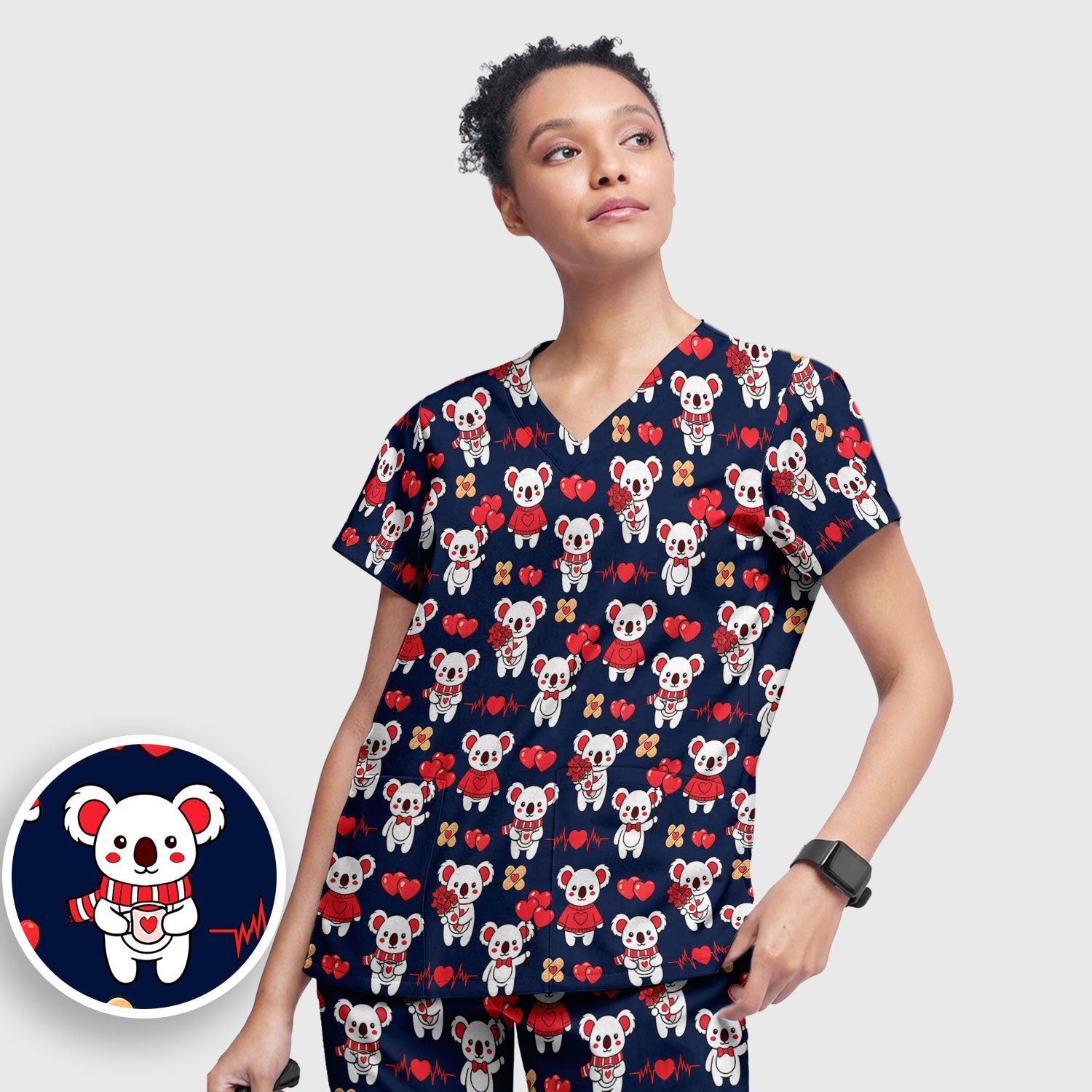 Sweet Koala Valentine Medical Design Scrub Set, Breathable Med Uniform