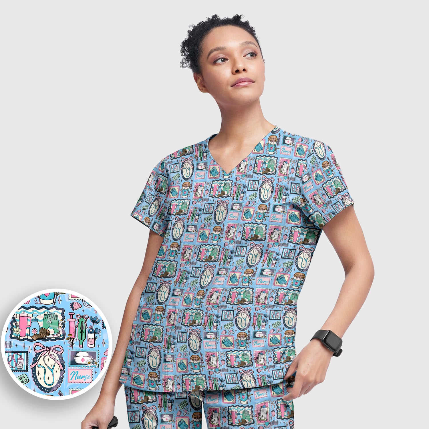 Medical Tools Stethoscope Syringe Frame Scrub Top, Breathable Fabrics Nursing Uniform