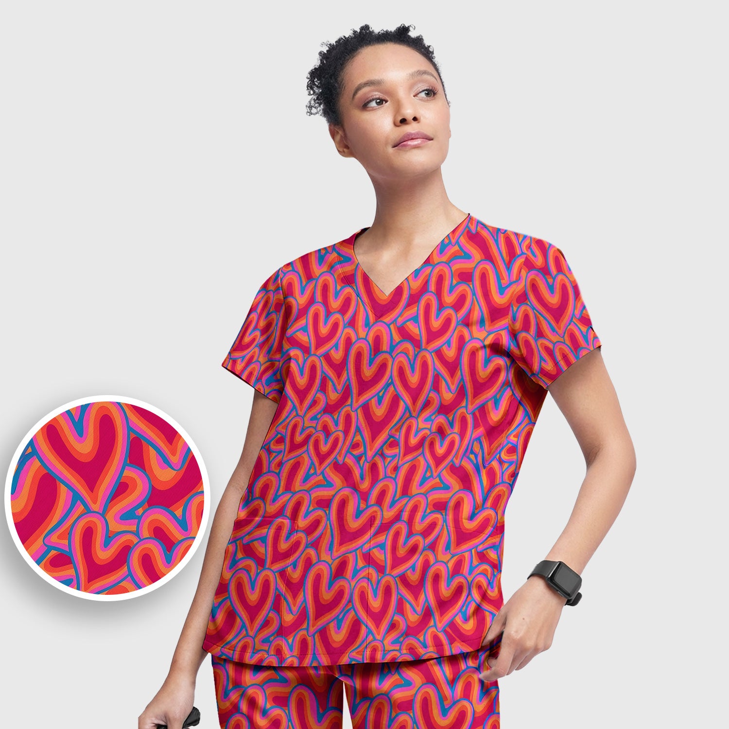 Cute Valentine Nurse Heart Pattern Scrub Set, Scrub Pants and V Neck Top