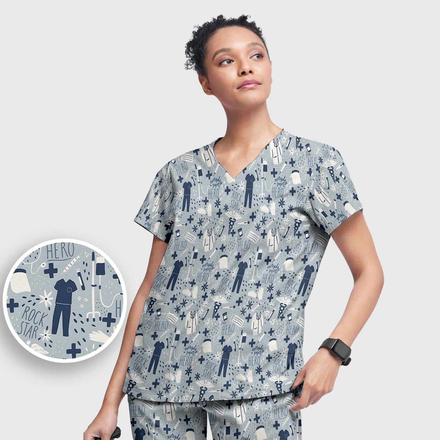 Inspirational Healthcare Hero Medical Tools Nurse Pattern Scrub Set, Scrub Pants and V Neck Top