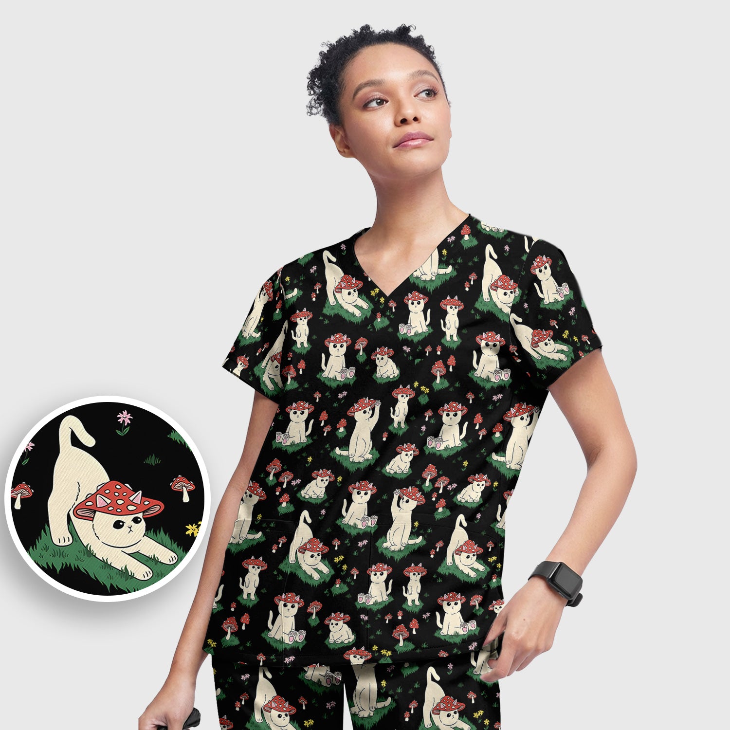 Cute Mushroom Cat Pattern Scrub Set, Scrub Pants and V Neck Top