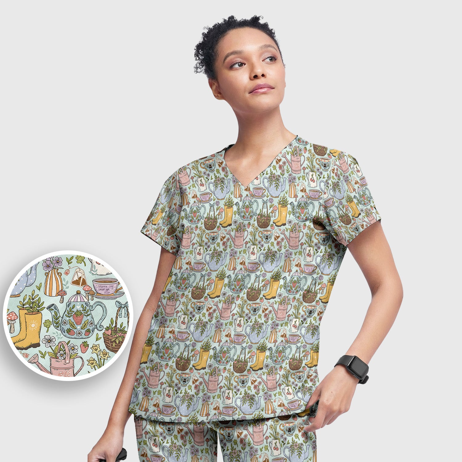 Garden Tea Party Floral Print Scrub Set, Scrub Pants and V Neck Top