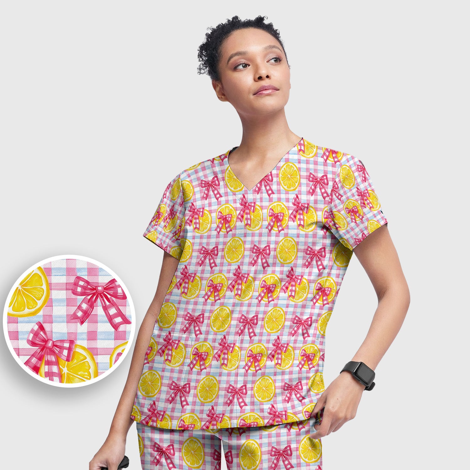 Cute Lemon Slice Pink Bow Gingham Pattern Scrub Set, Scrub Pants and V Neck Top