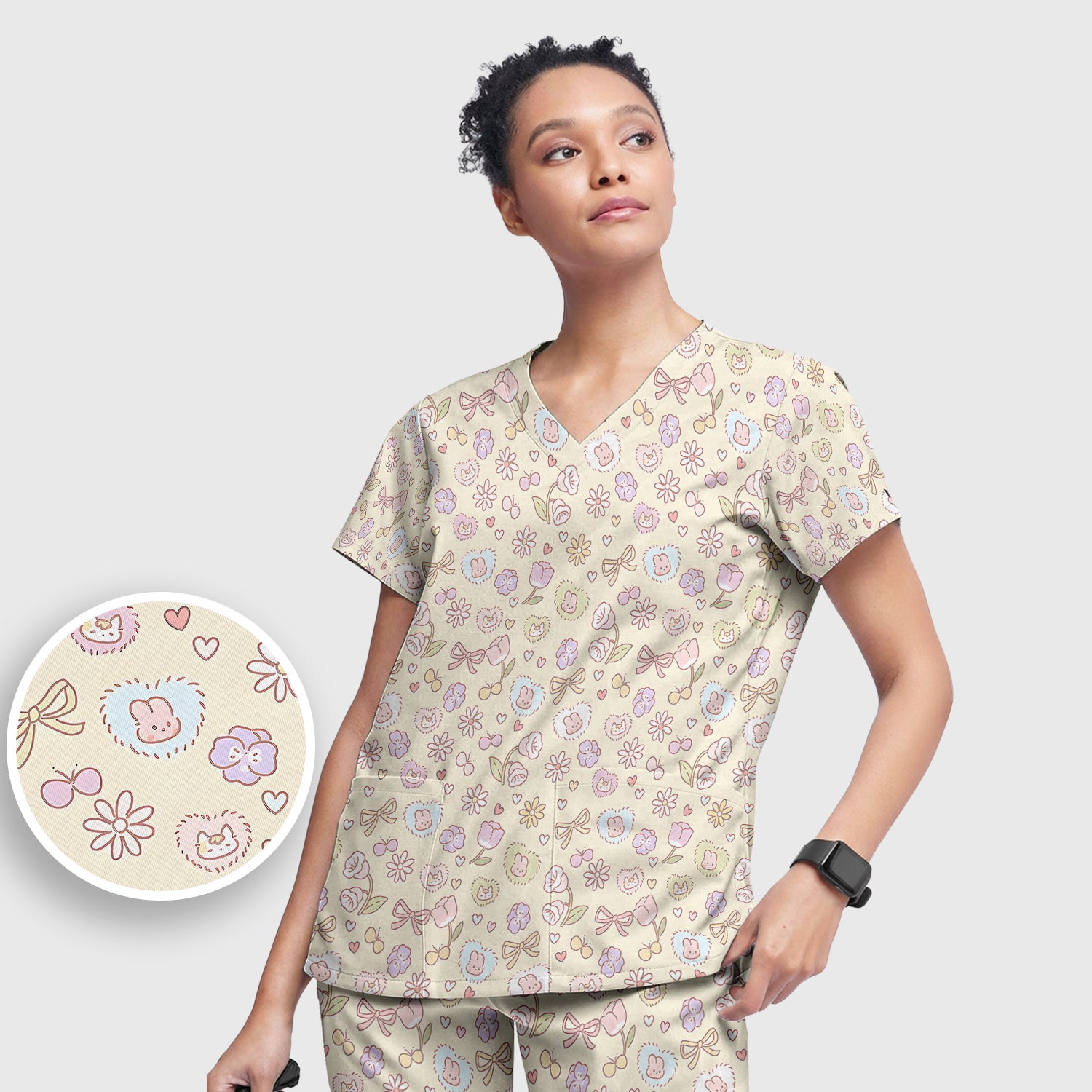Pastel Bunny Flower Heart Pattern Nurse Scrub Set, Scrub Pants and V Neck Top