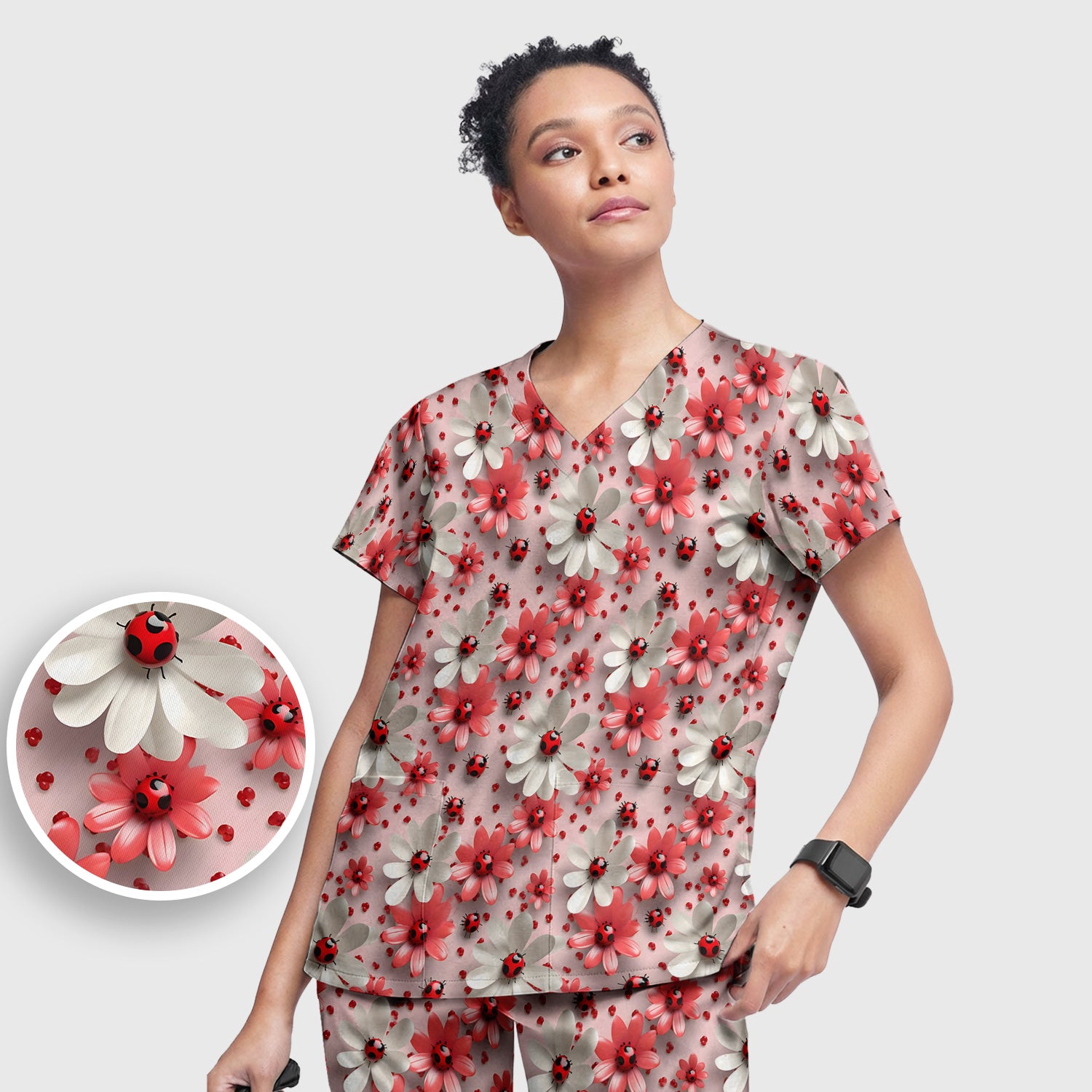 Red Ladybug Flower Pattern Scrub Set, Scrub Pants and V Neck Top