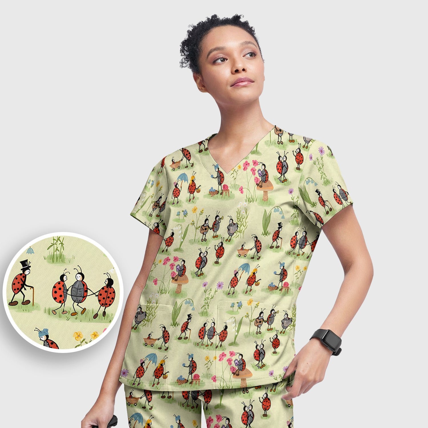 Whimsical Ladybug Garden Activity Pattern Scrub Set, Scrub Pants and V Neck Top