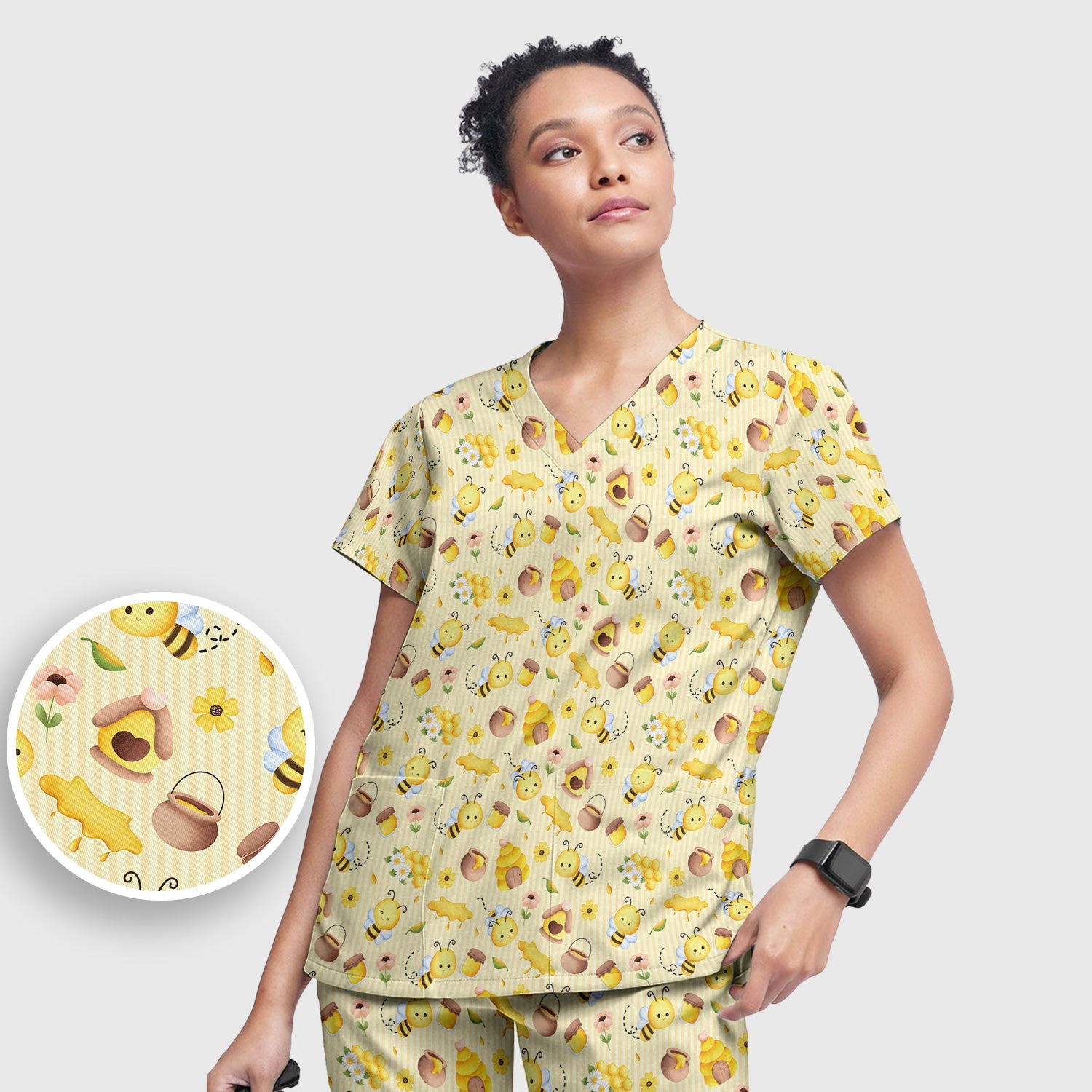 Cute Bee Honey Flower Stripe Pattern Scrub Set, Scrub Pants and V Neck Top