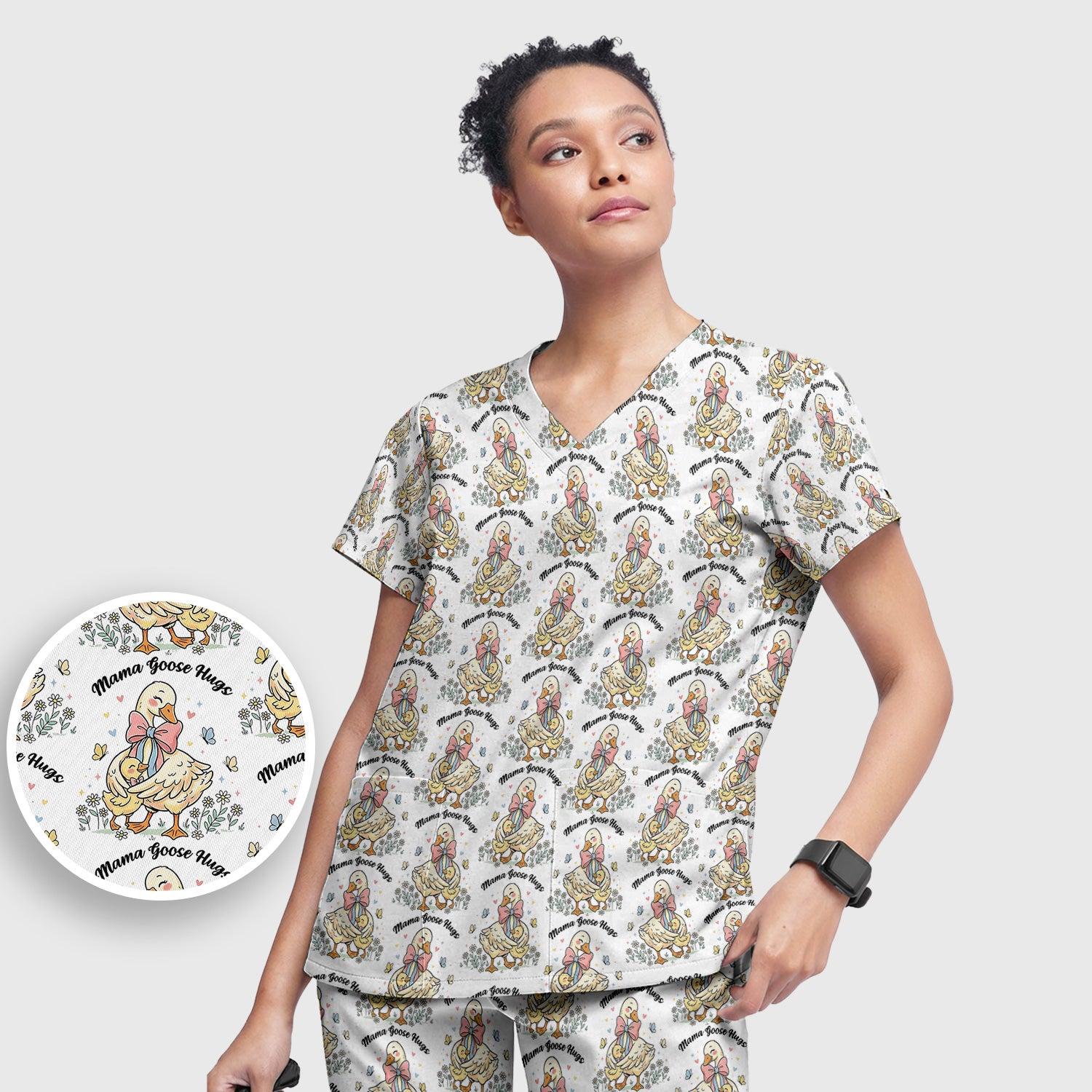 Cute Mama Goose Hug Pattern Scrub Set, Scrub Pants and V Neck Top