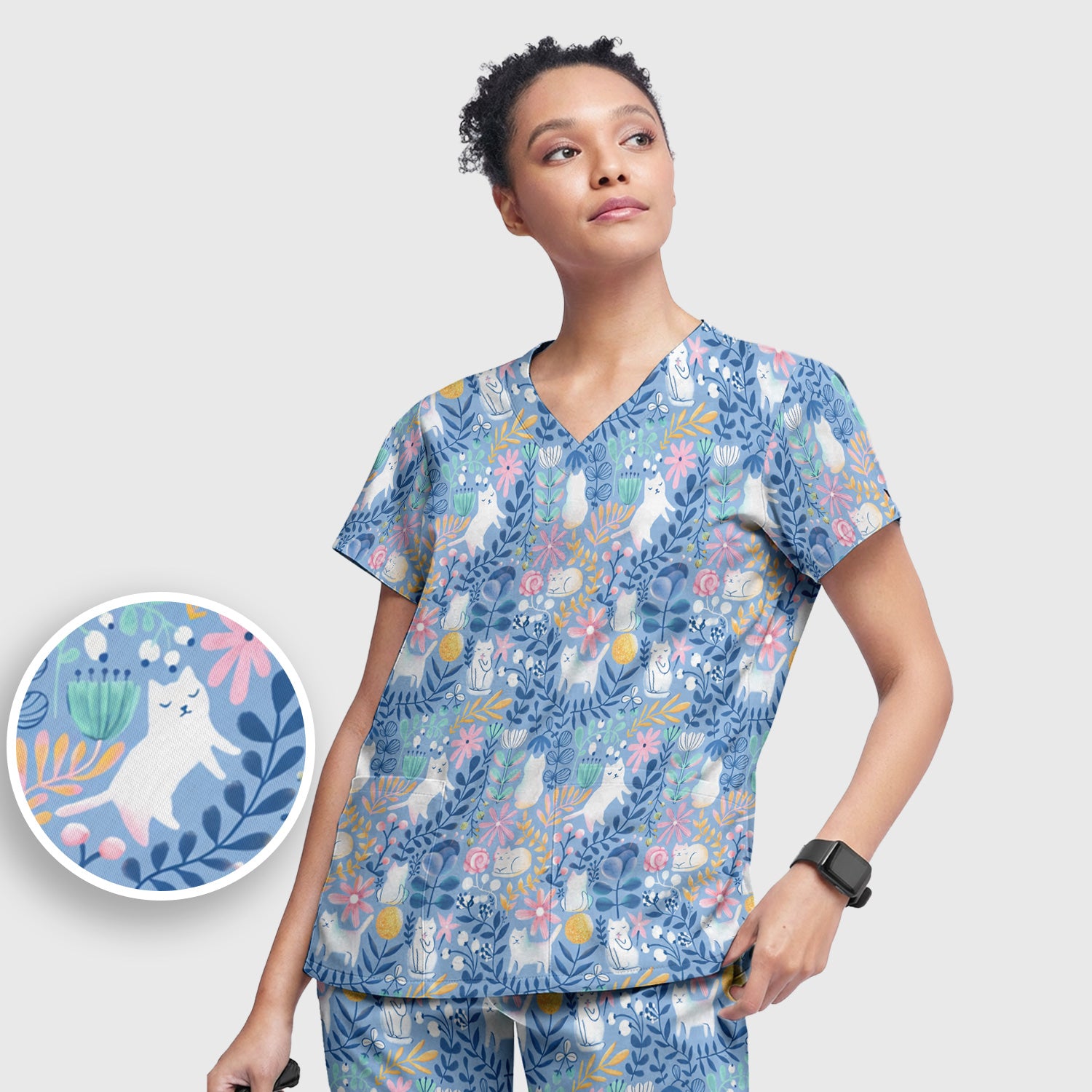 Whimsical Cat Floral Pattern Scrub Set, Women's Scrub Sets