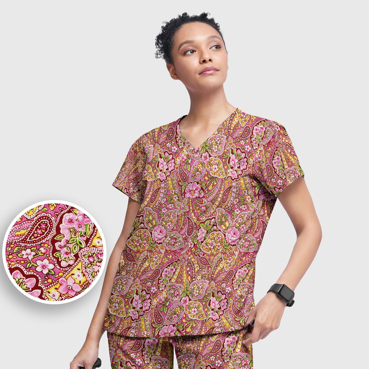 Pink Floral Paisley Blossom Print  Scrub Set, Scrub Pants and V Neck Top