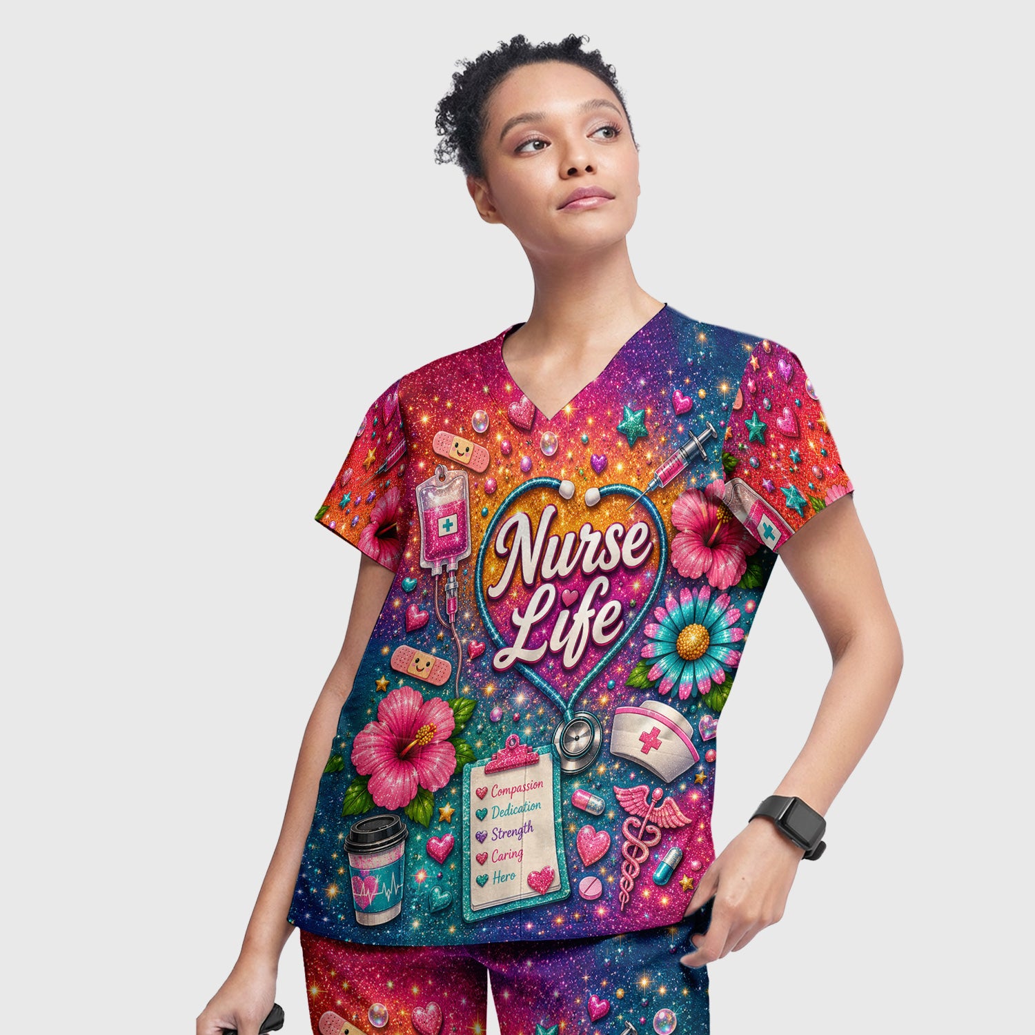 Colorful Nurse Life Heart Pattern Scrub Set, Scrub Pants and V Neck Top